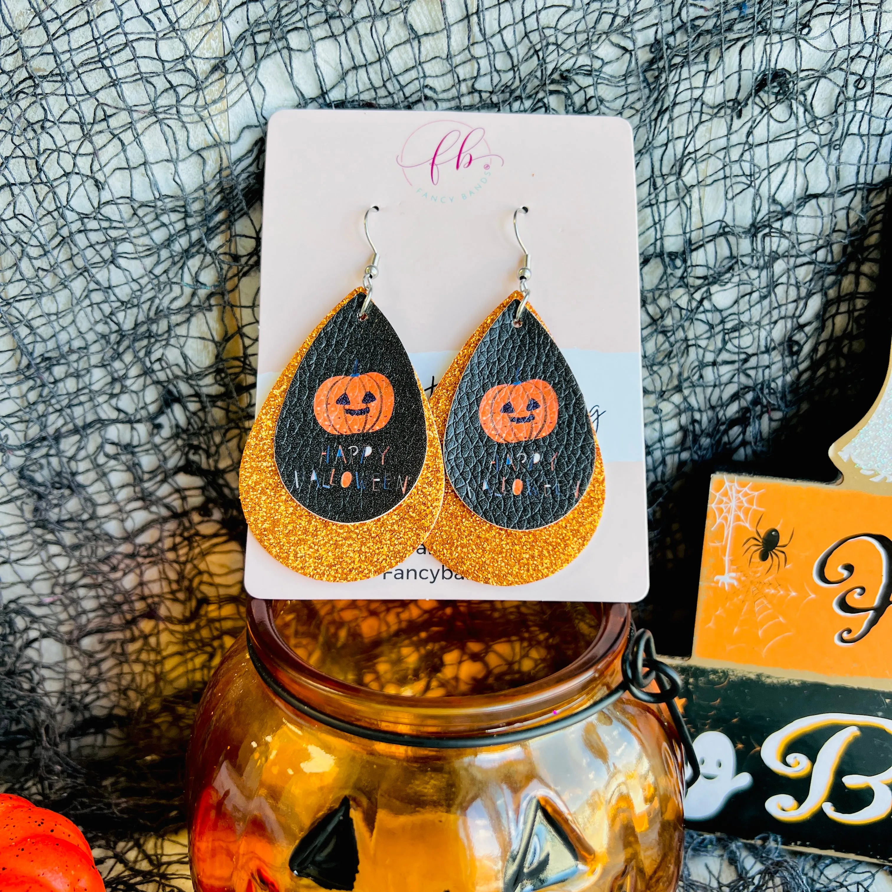 Glittering Pumpkin Faux Leather Drop Ear Bling