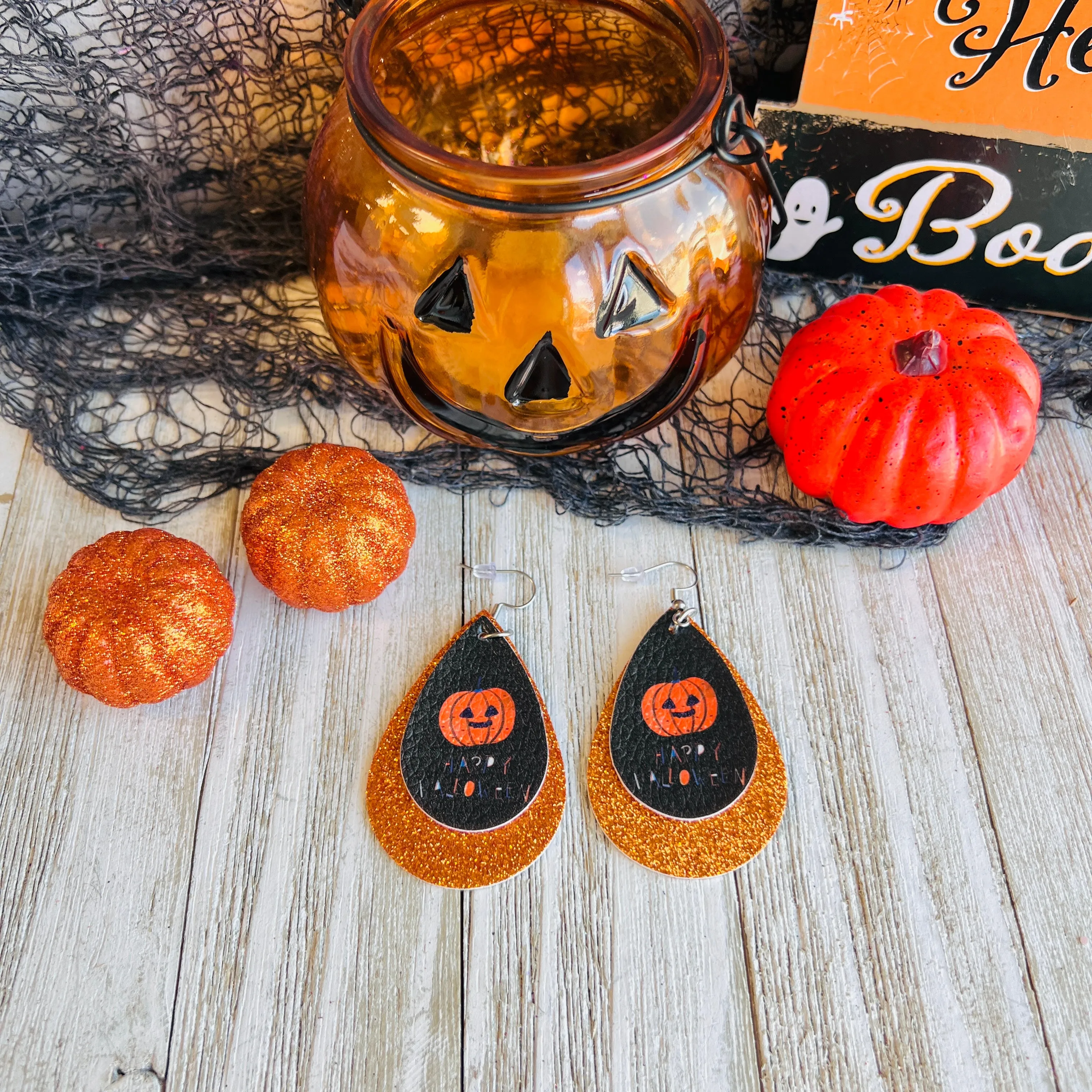 Glittering Pumpkin Faux Leather Drop Ear Bling