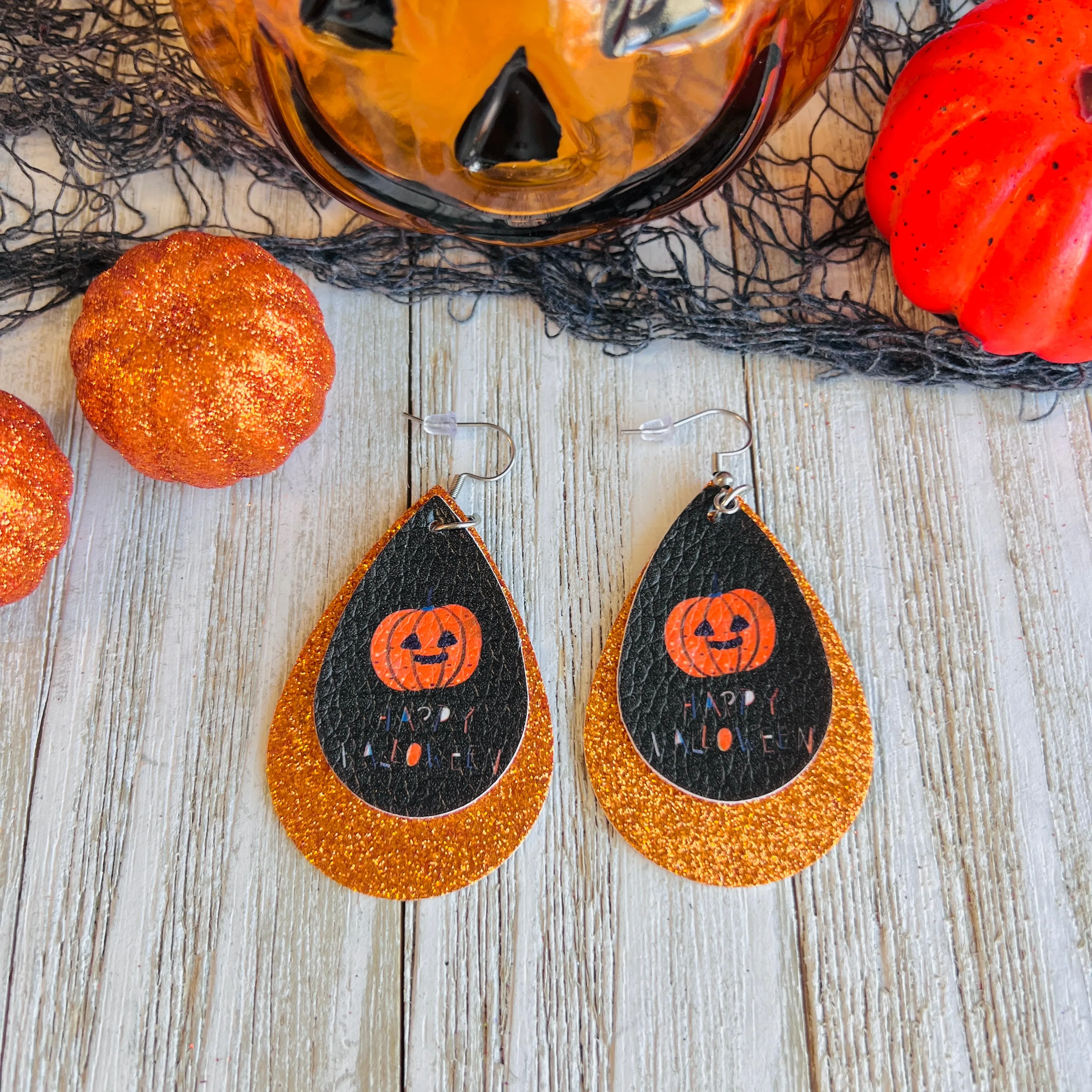 Glittering Pumpkin Faux Leather Drop Ear Bling