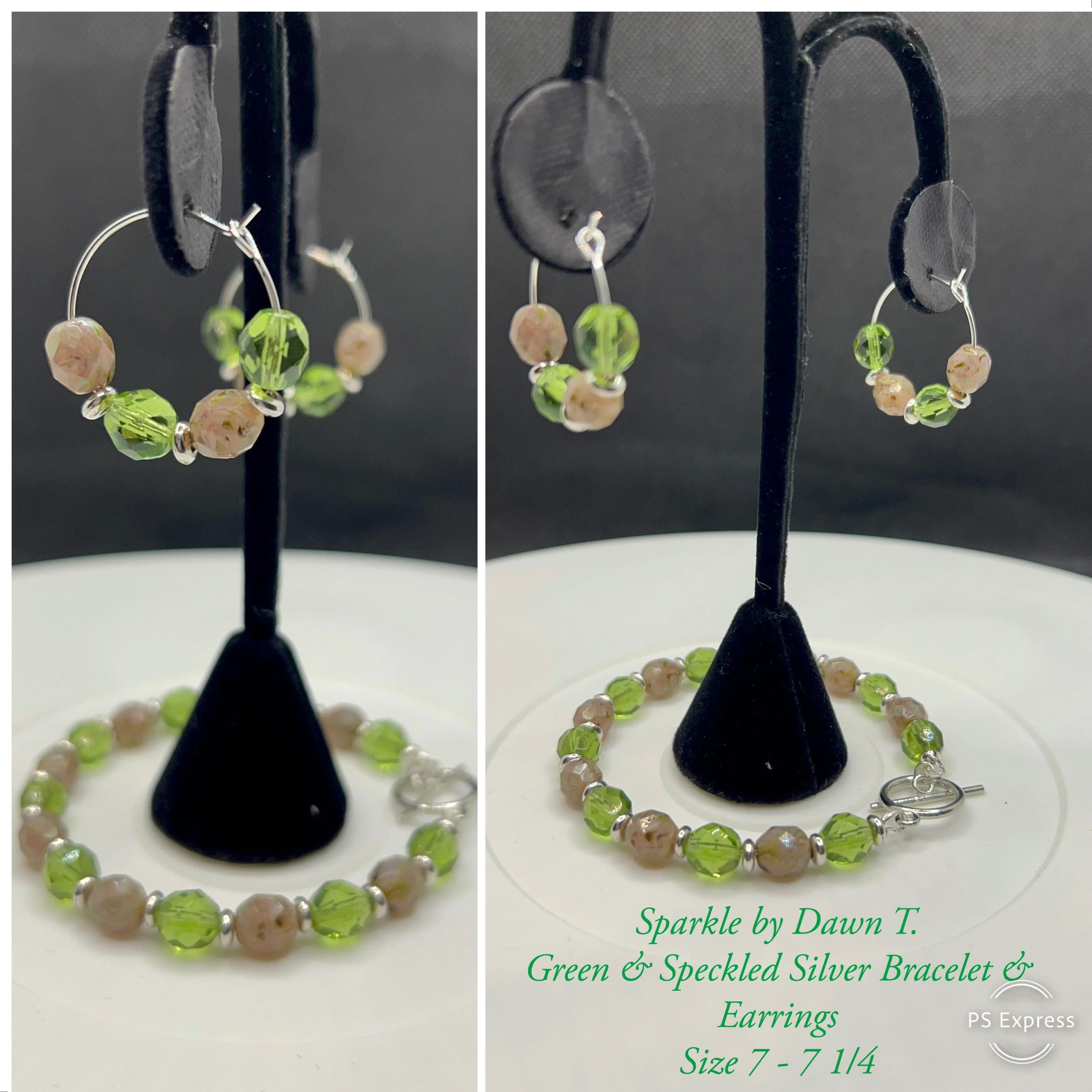 Green and Pinkish purple speckled bracelet with silver clasp and hoop earrings