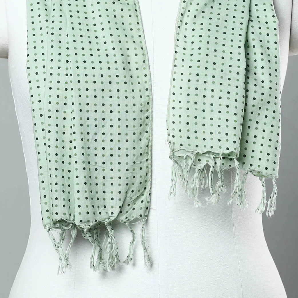 Green - Sanganeri Block Printed Cotton Stole with Tassels 14