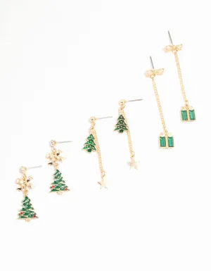 Green Trees & Presents Drop Earrings 3-Pack