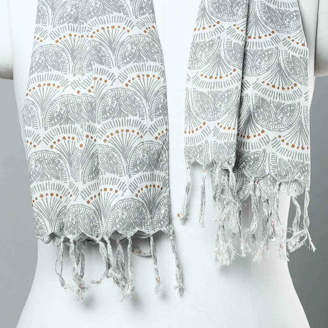 Grey - Sanganeri Block Printed Cotton Stole with Tassels 54