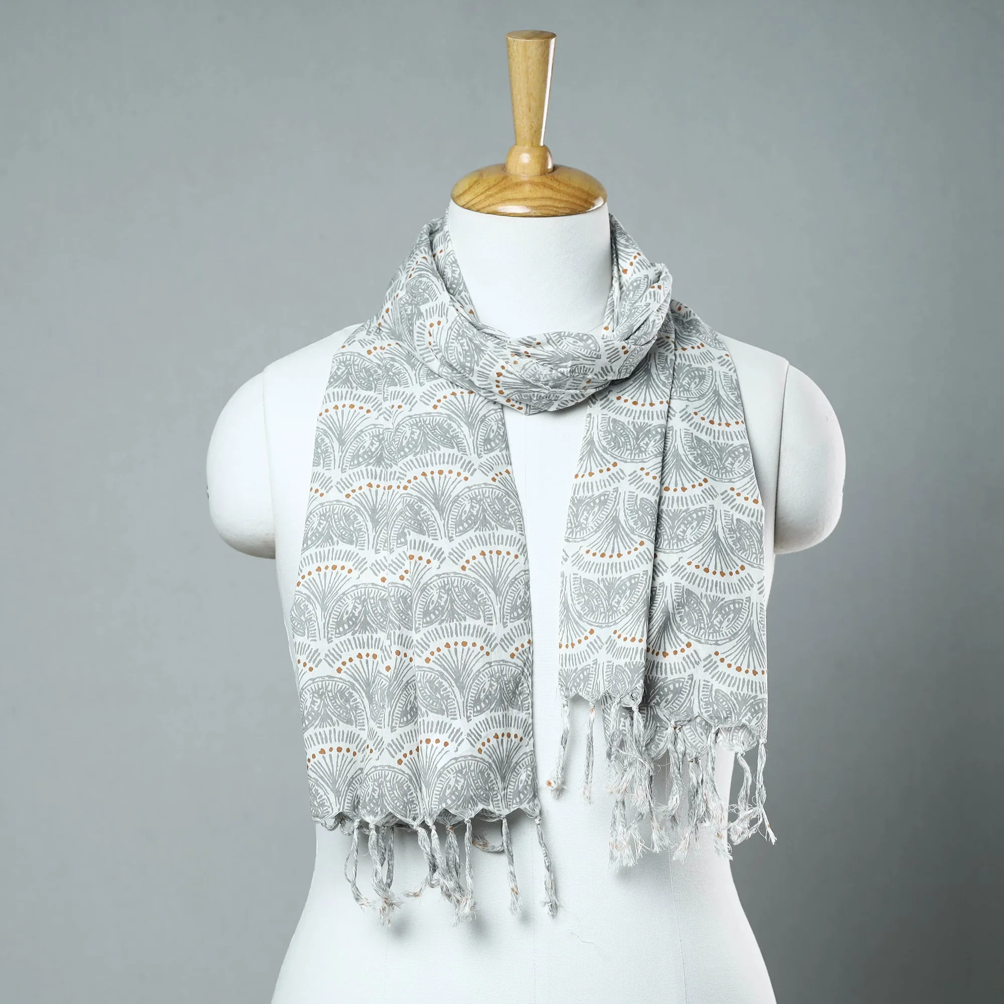 Grey - Sanganeri Block Printed Cotton Stole with Tassels 54