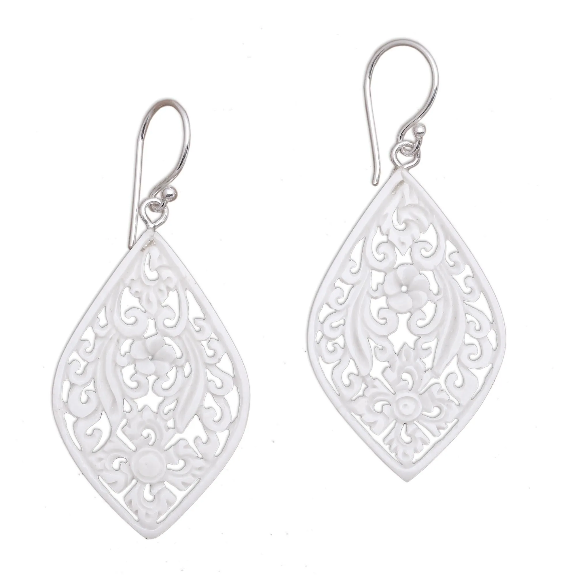 Hand-Carved Floral Bone Dangle Earrings from Bali - Bali Windows | NOVICA