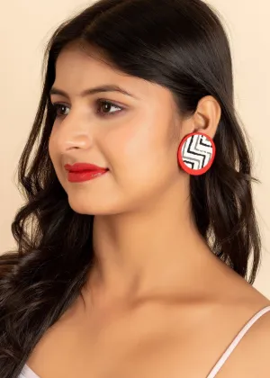 Handcrafted Red, White, Black Ajrakh Cotton Fabric Stud Earrings – Non-Allergic, Perfect for All Occasions and Gifting