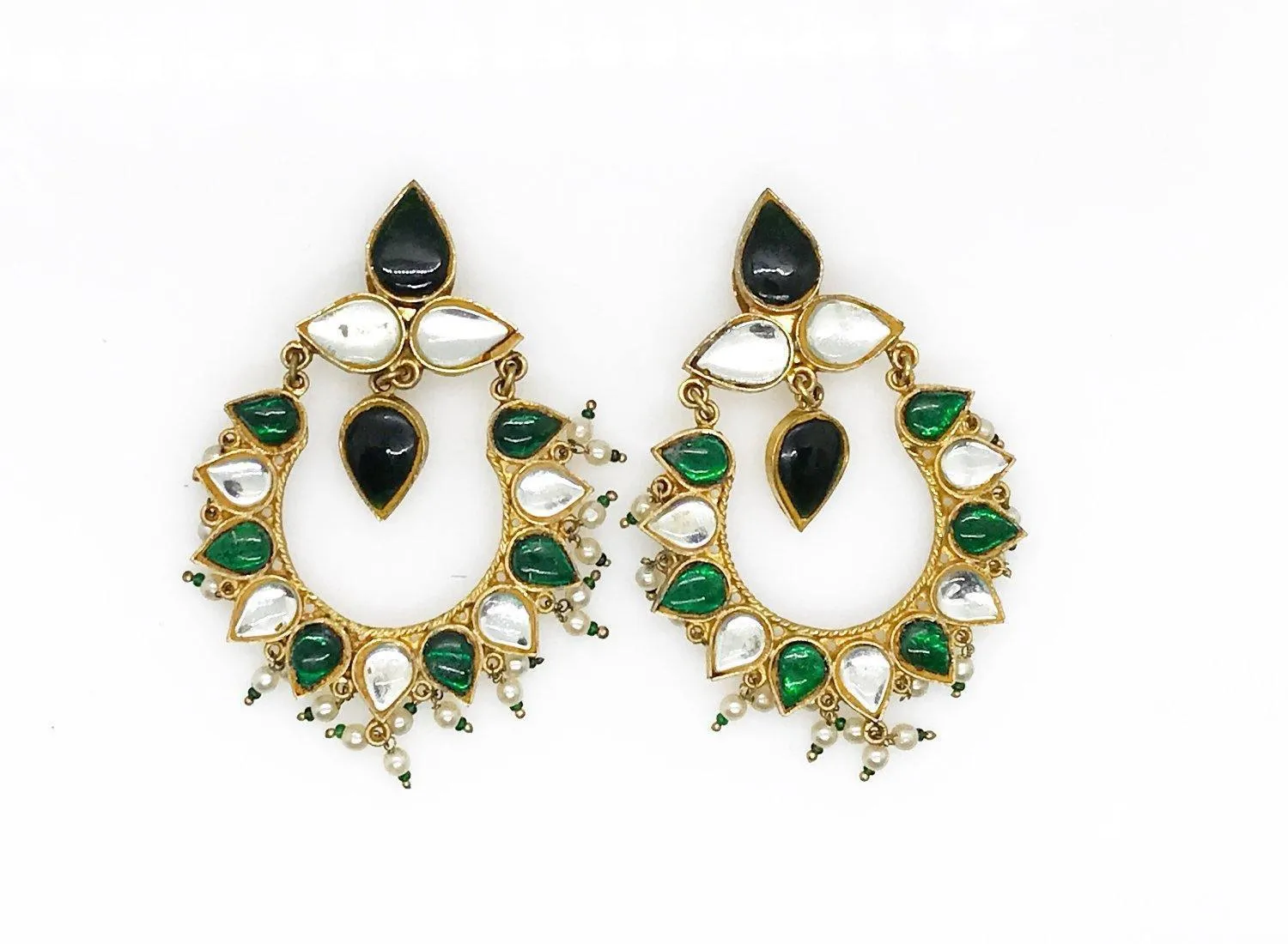 Impressive Pair of Large Green and White Moghul Style Earrings