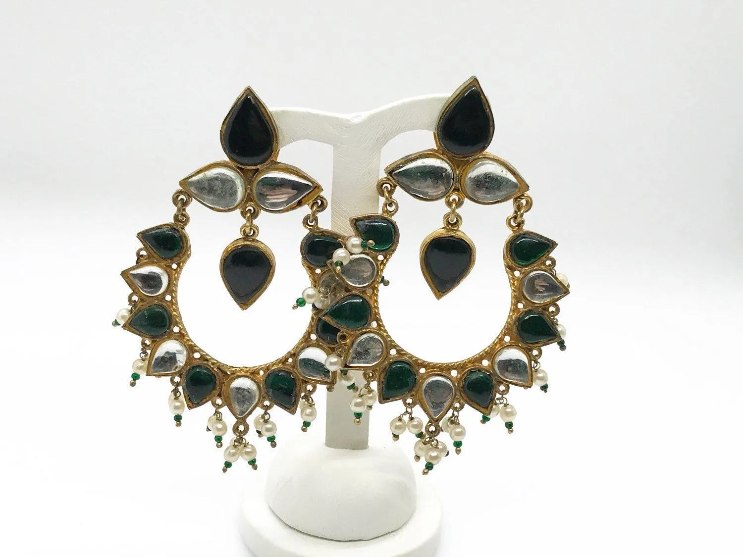 Impressive Pair of Large Green and White Moghul Style Earrings