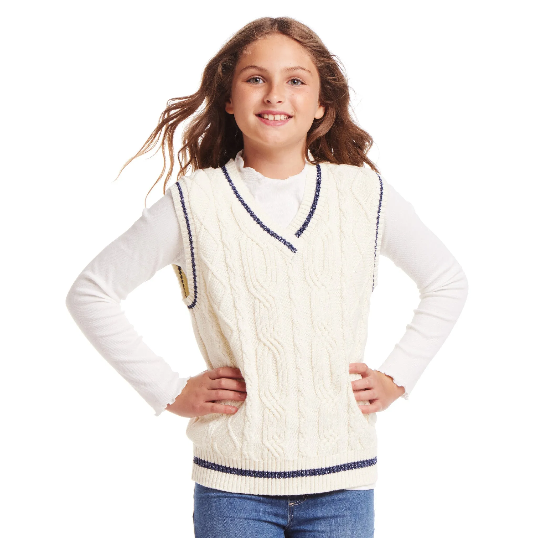 Kids (7-14) Oversized Cable Knit Sweater Vest | Cream