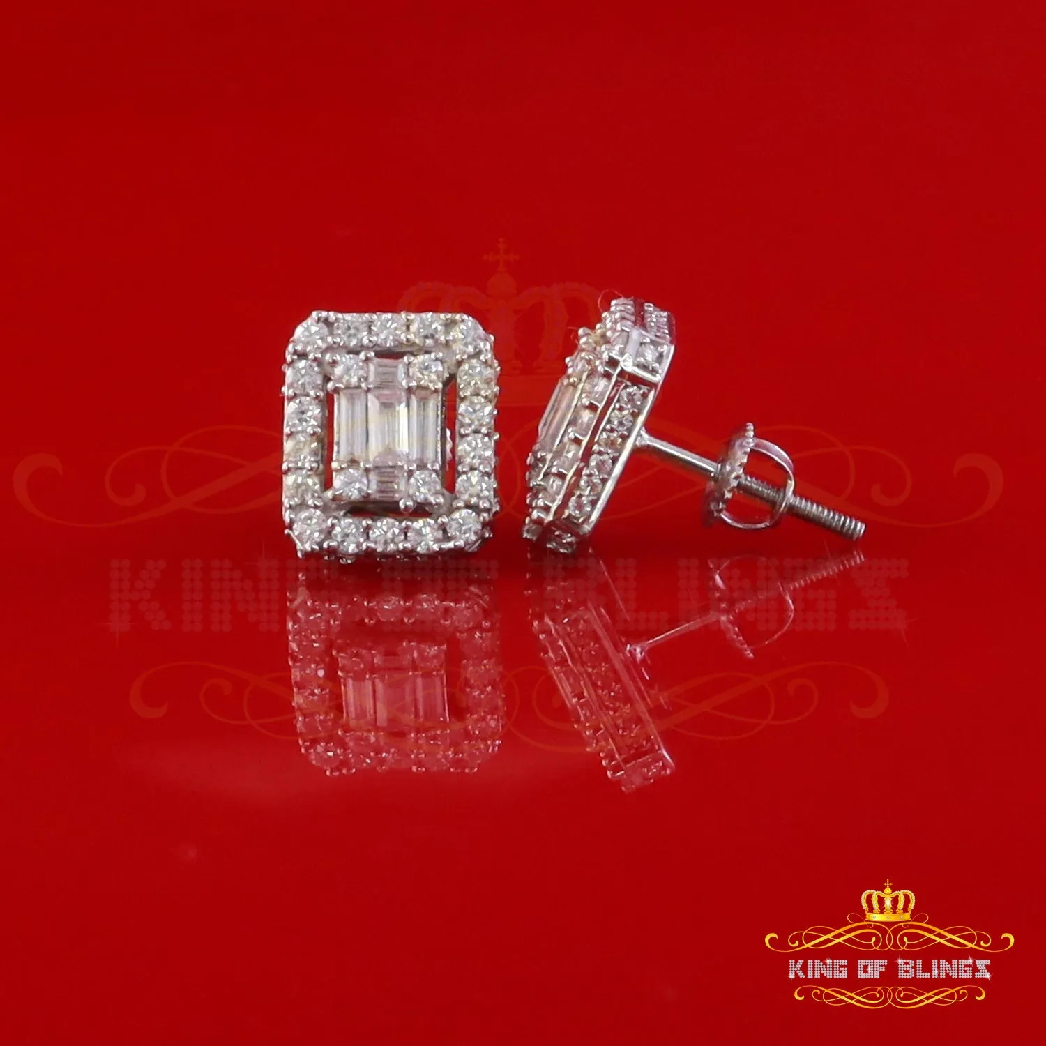 King of Bling's 925 White Silver 1.25ct VVS 'D' Moissanite Square Stud Earring Men's/Women's