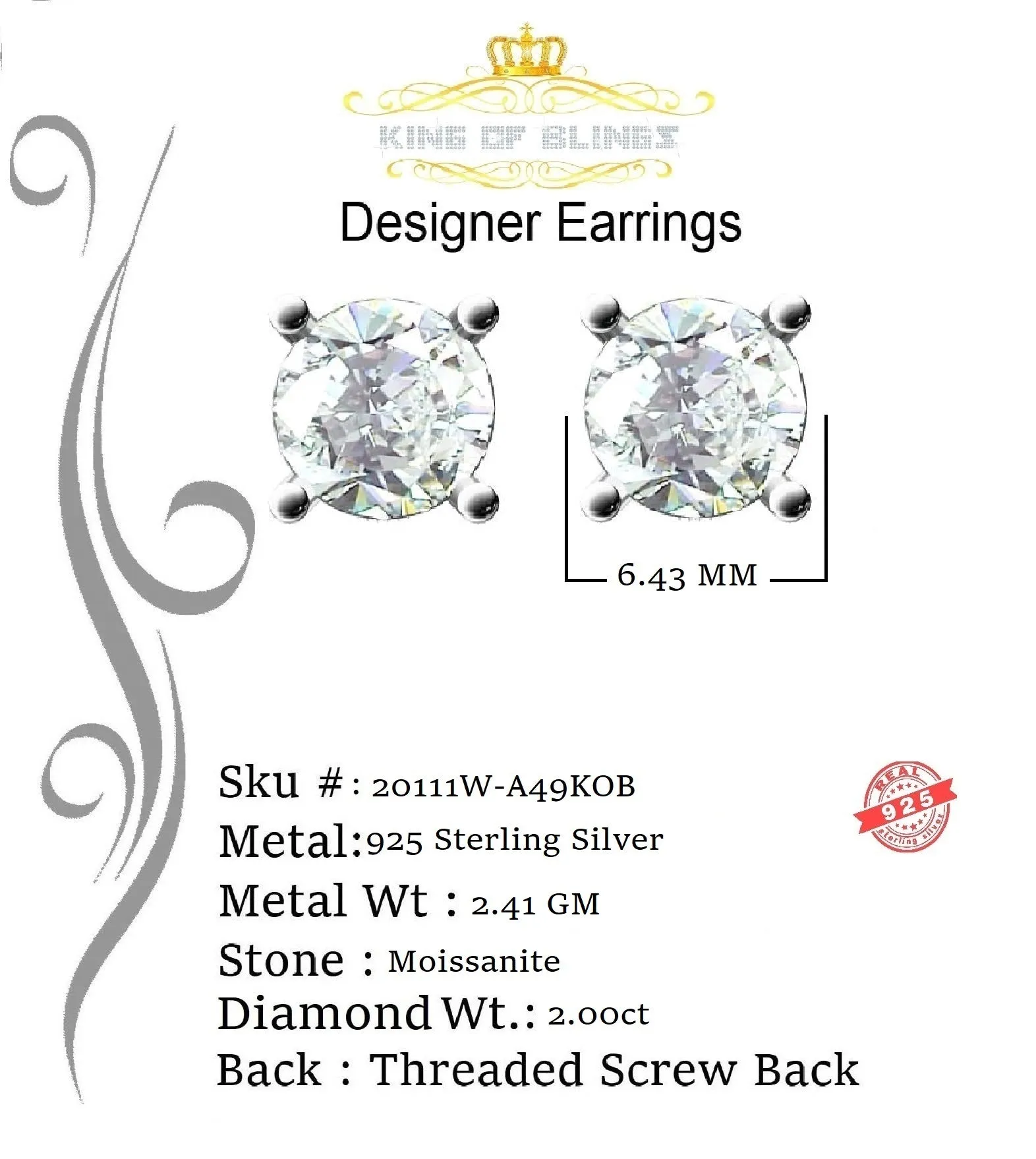 King of Bling's Men's & Women's White 925 Silver 2.00ct VVS 'D' Moissanite Stud Stud Earrings