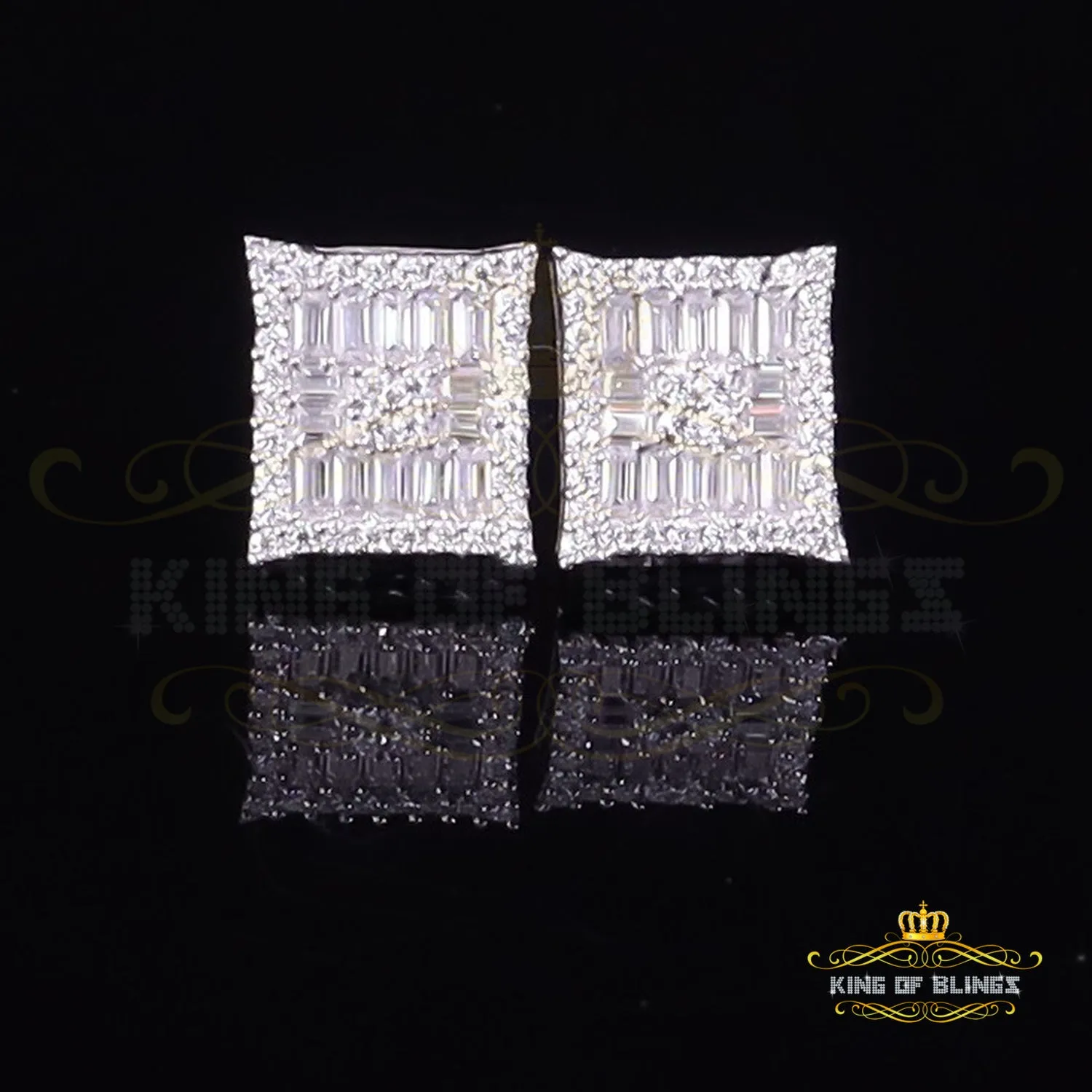 King of Bling's Men's/Women's 925 Silver White 1.00ct VVS 'D' Moissanite Baguette Stud Earrings