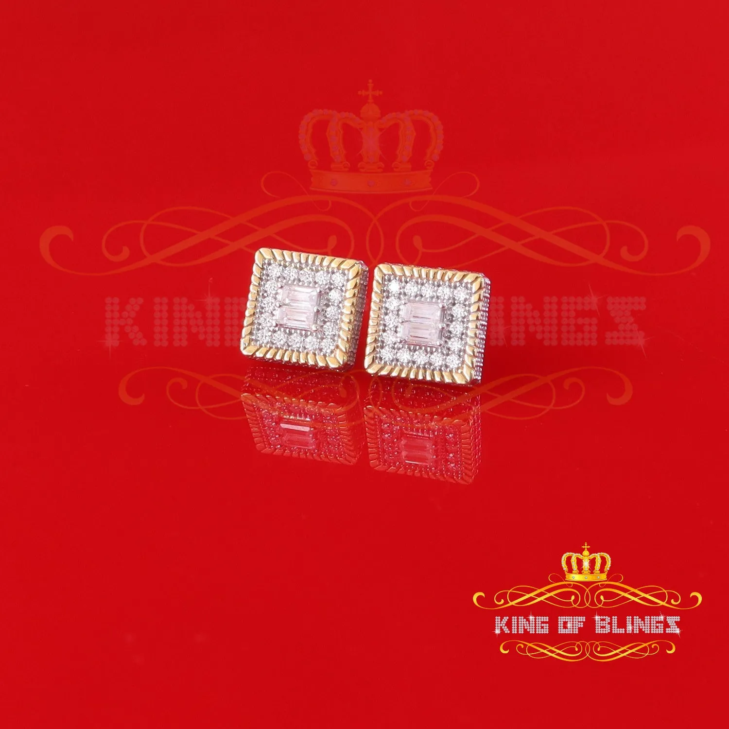 King  of Bling's Men's/Womens 925 Silver Yellow 1.00ct VVS 'D' Moissanite 3D Square Stud Earrings