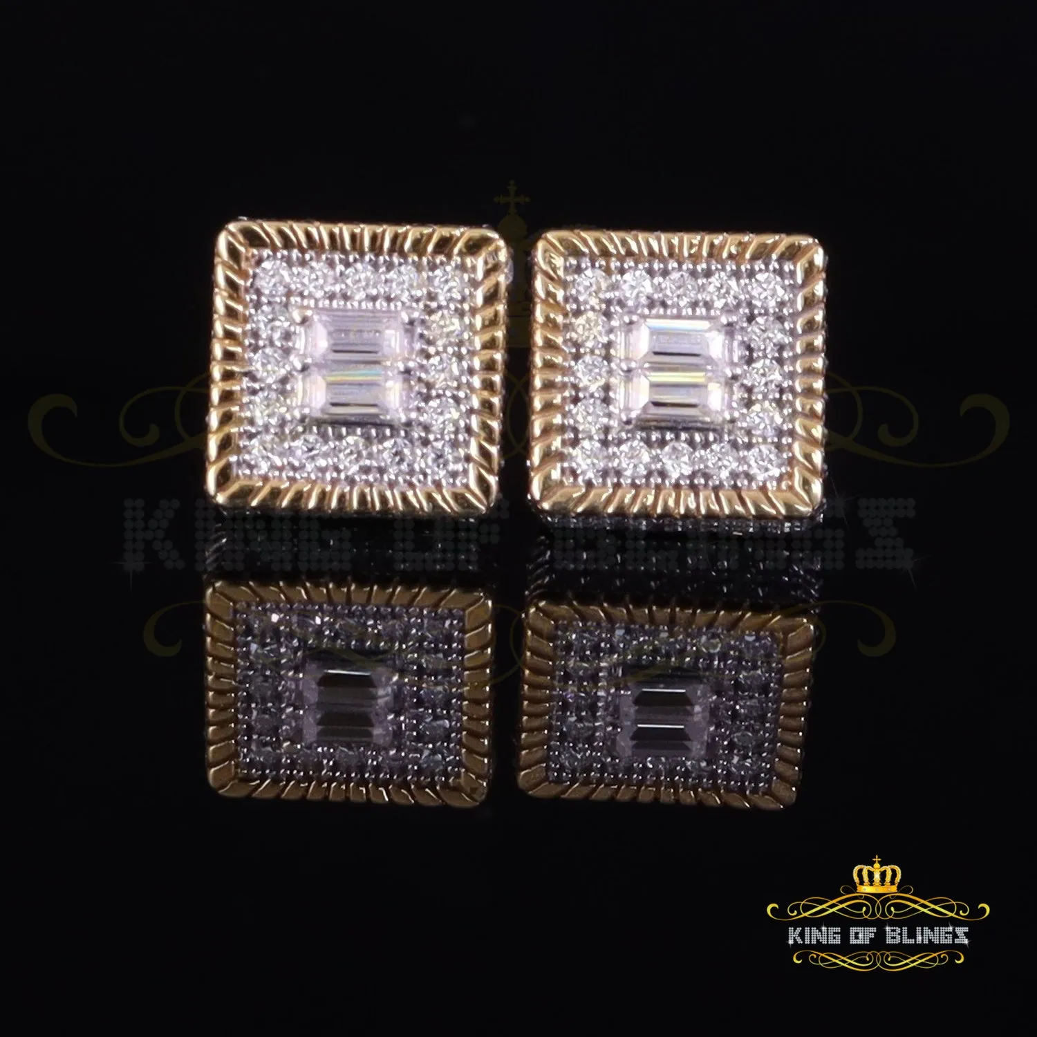 King  of Bling's Men's/Womens 925 Silver Yellow 1.00ct VVS 'D' Moissanite 3D Square Stud Earrings