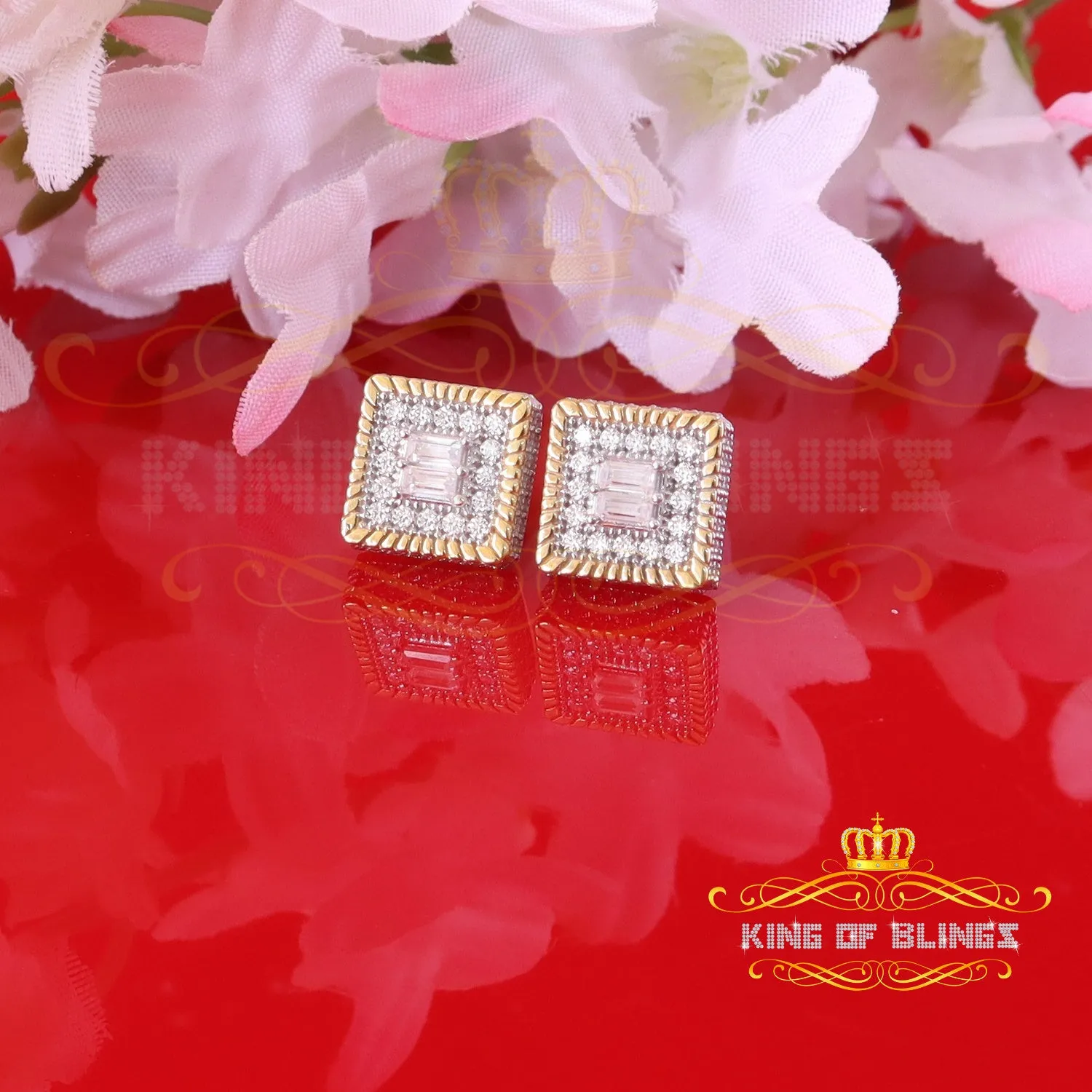 King  of Bling's Men's/Womens 925 Silver Yellow 1.00ct VVS 'D' Moissanite 3D Square Stud Earrings