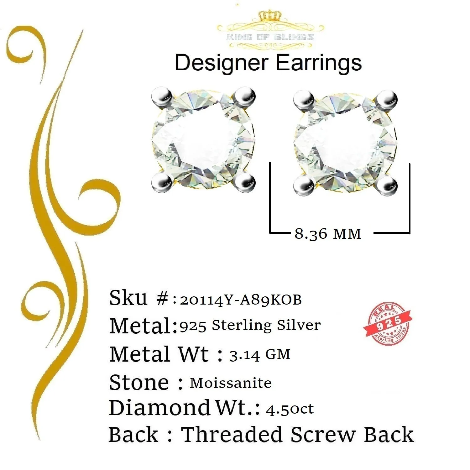 King  of Bling's Stud 925 silver Yellow 4.50ct VVS 'D' Moissanite Men & Women Stud Stud Earrings