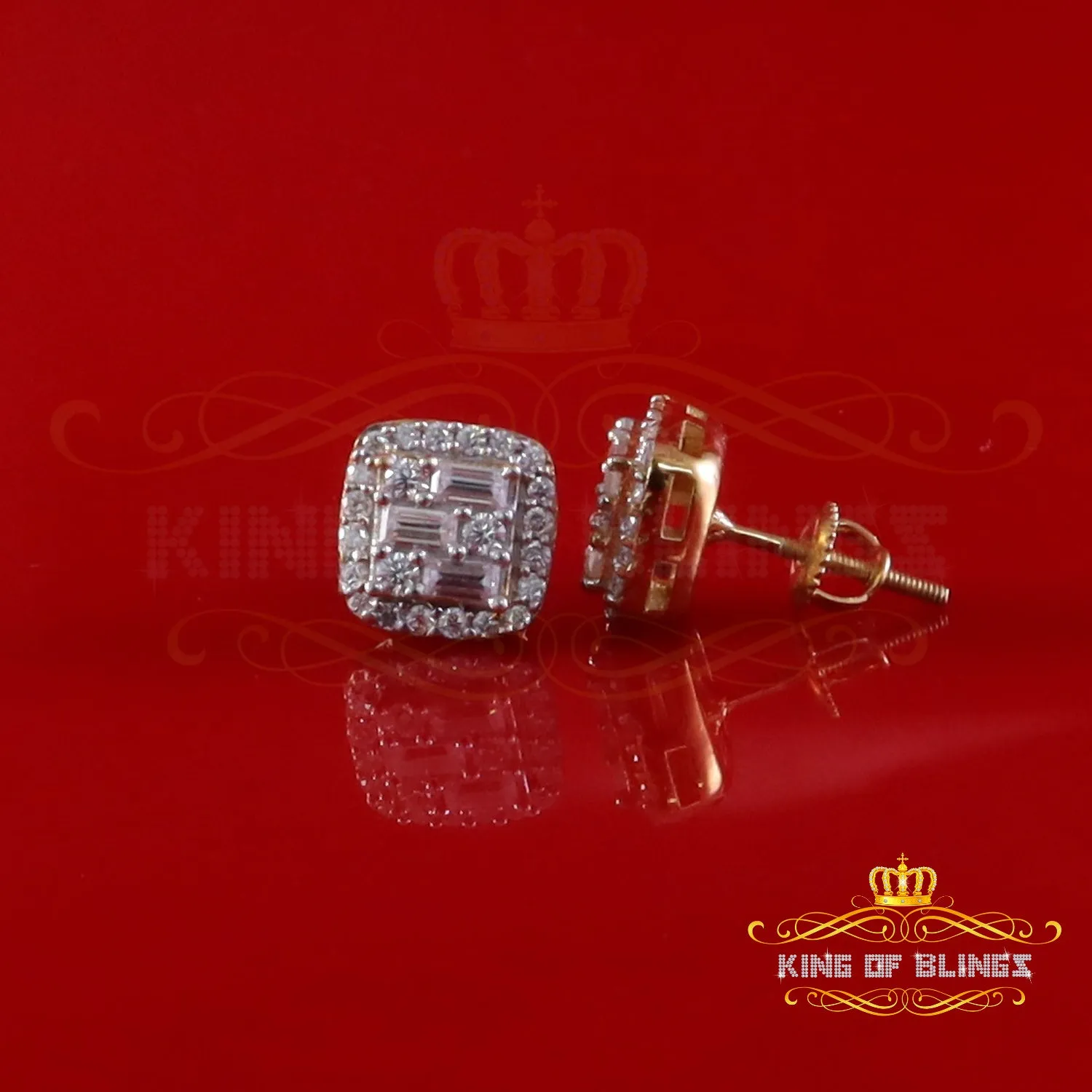 King  of Bling's Yellow Silver 0.75ct VVS 'D' Baguette Moissanite Men's/Womens 925 Stud Earrings