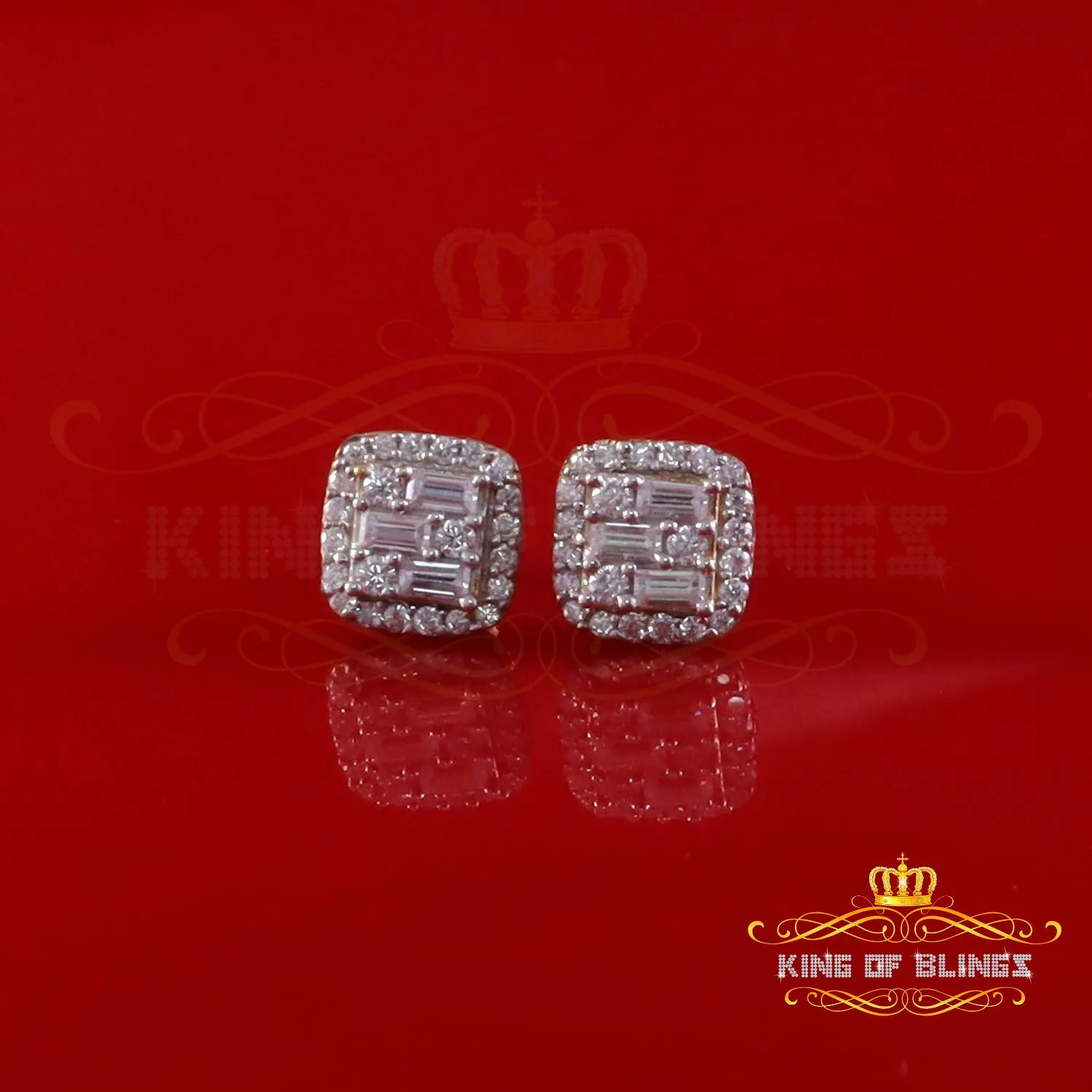 King  of Bling's Yellow Silver 0.75ct VVS 'D' Baguette Moissanite Men's/Womens 925 Stud Earrings