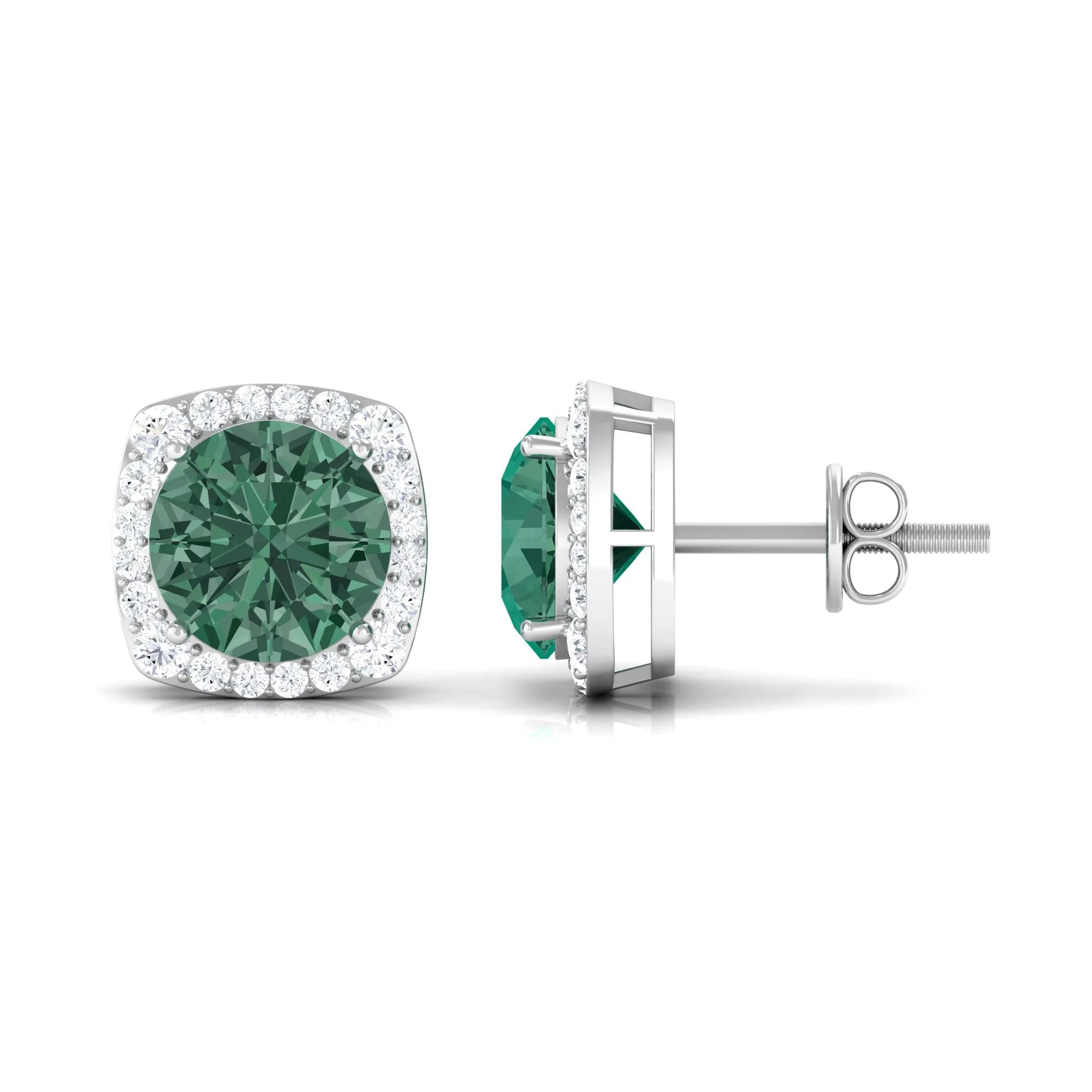 Lab Grown Green Sapphire and Diamond Halo Stud Earrings