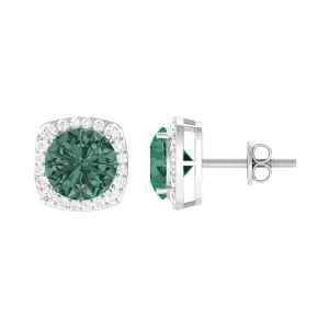 Lab Grown Green Sapphire and Diamond Halo Stud Earrings