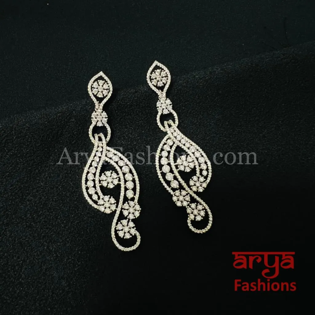 Long Silver CZ Earrings / Designer Cubic Zirconia earrings/ CZ Earrings