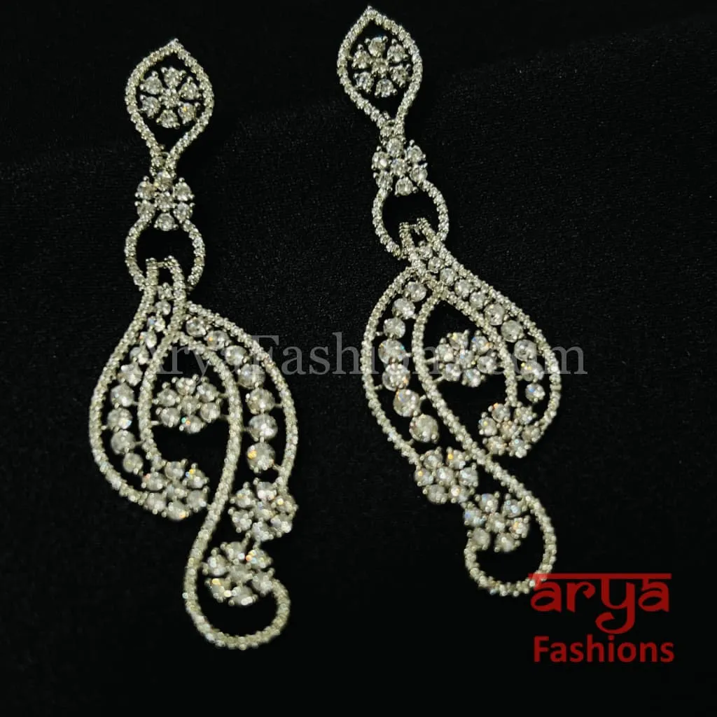 Long Silver CZ Earrings / Designer Cubic Zirconia earrings/ CZ Earrings