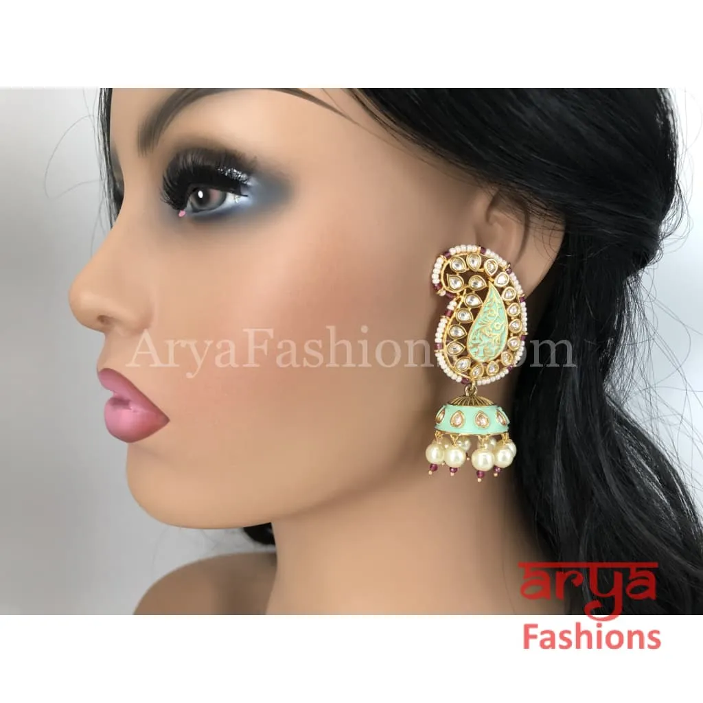 Mint Green Golden Meenakari Jhumka Earrings