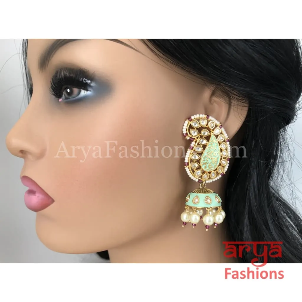 Mint Green Golden Meenakari Jhumka Earrings