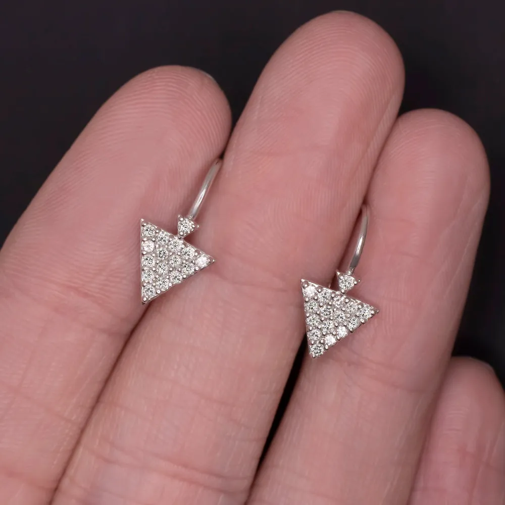 NATURAL DIAMOND DROP EARRINGS PAVE SHORT TRIANGE DANGLE 14K WHITE GOLD GEOMETRIC