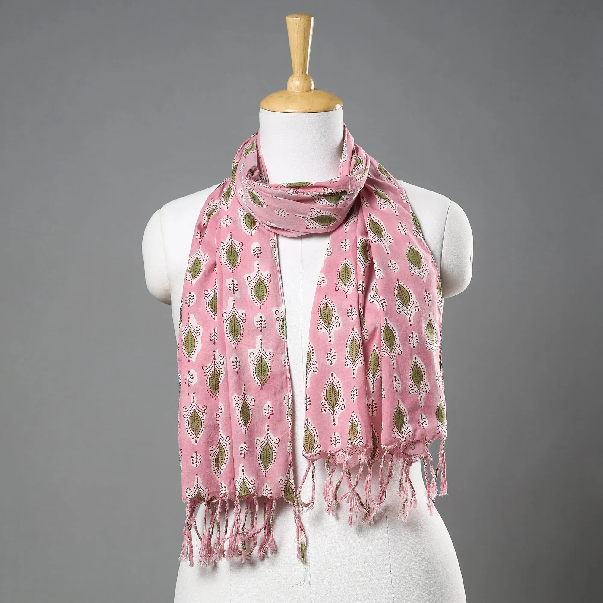 Pink - Sanganeri Block Printed Cotton Stole with Tassels