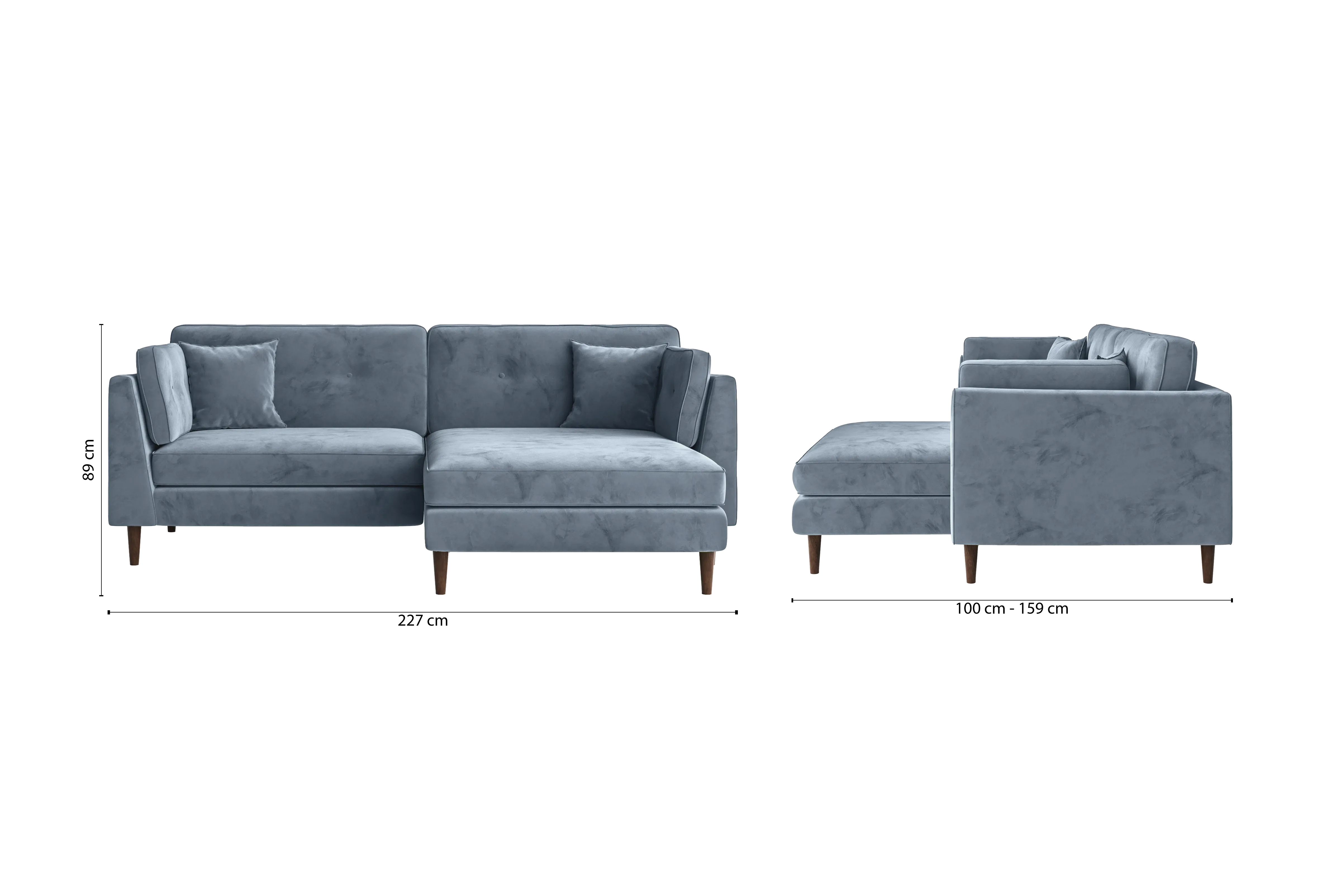 Ragusa 3 Seater Right Hand Facing Chaise Lounge Corner Sofa Baby Blue Velvet