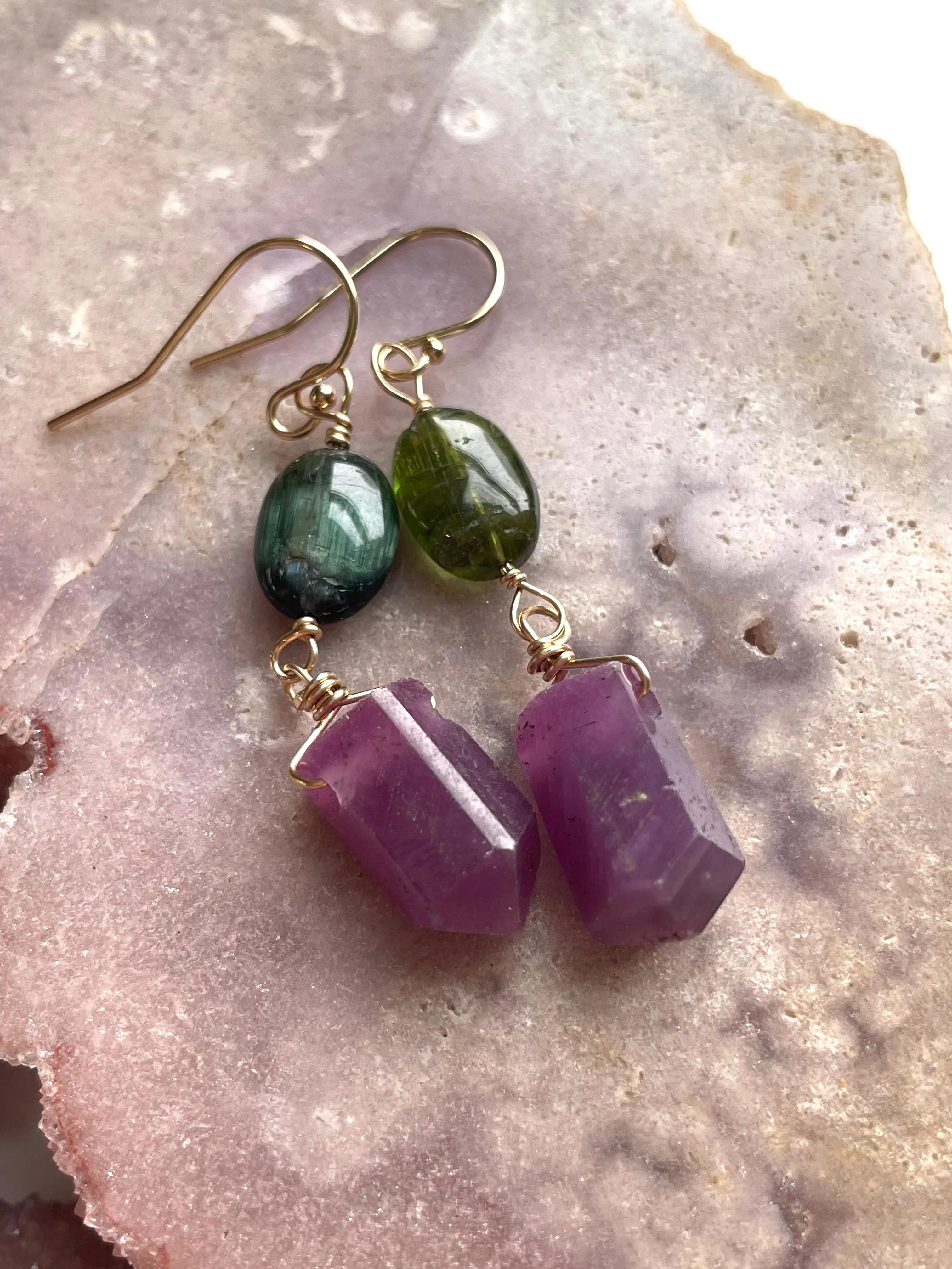 Raw Crystal Earrings Dangle Gold Ruby and Green Tourmaline