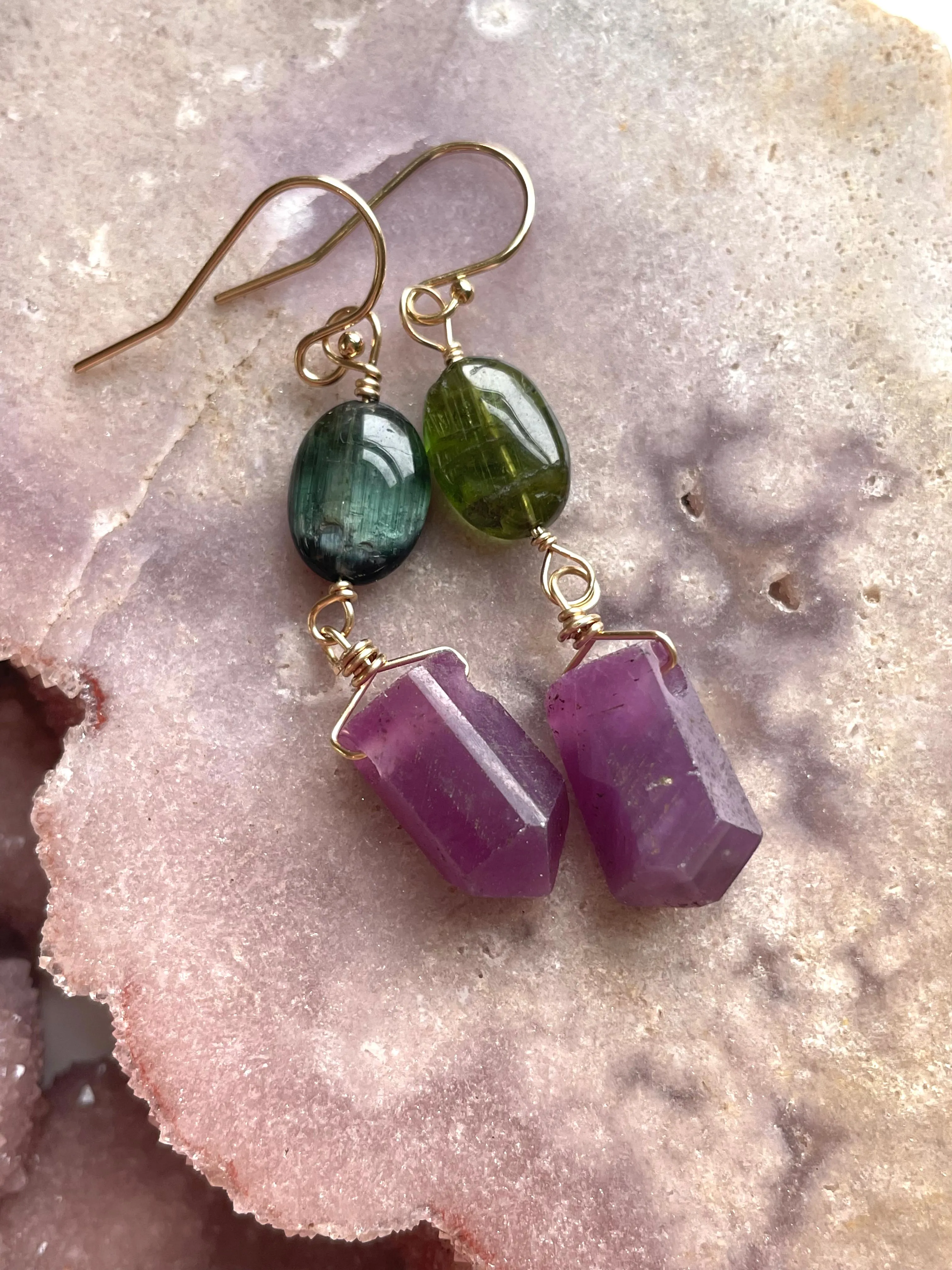 Raw Crystal Earrings Dangle Gold Ruby and Green Tourmaline