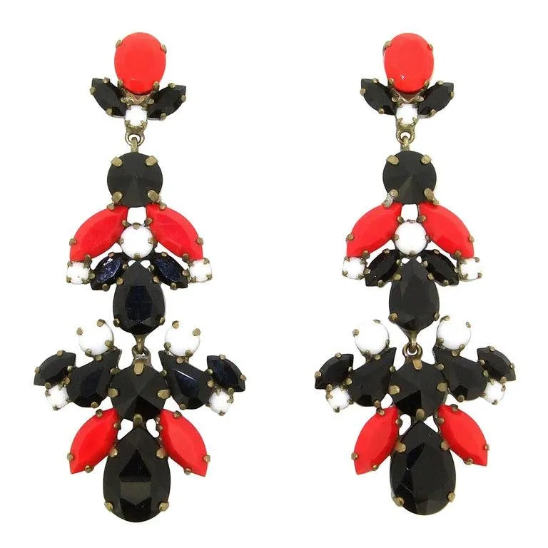 Red and Black Crystal Chandelier Statement Earrings by Frangos