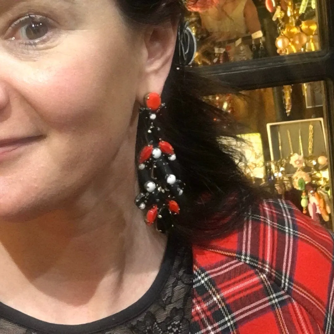 Red and Black Crystal Chandelier Statement Earrings by Frangos