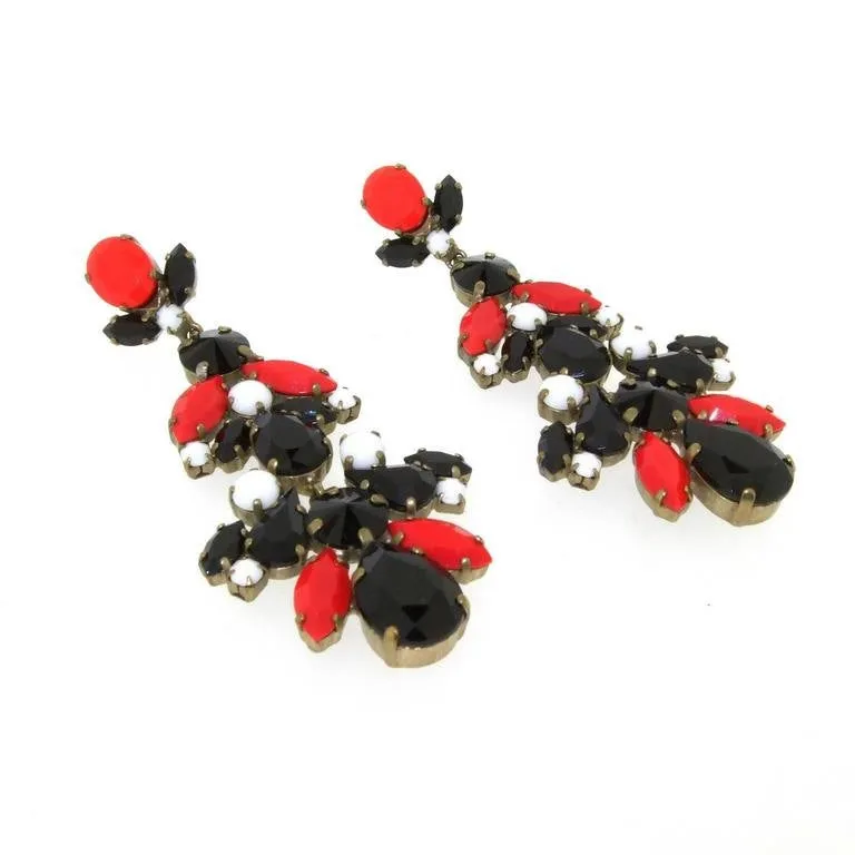 Red and Black Crystal Chandelier Statement Earrings by Frangos