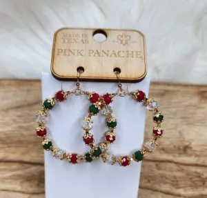 Red, clear and green bead and gold bead cap circle hoop earring