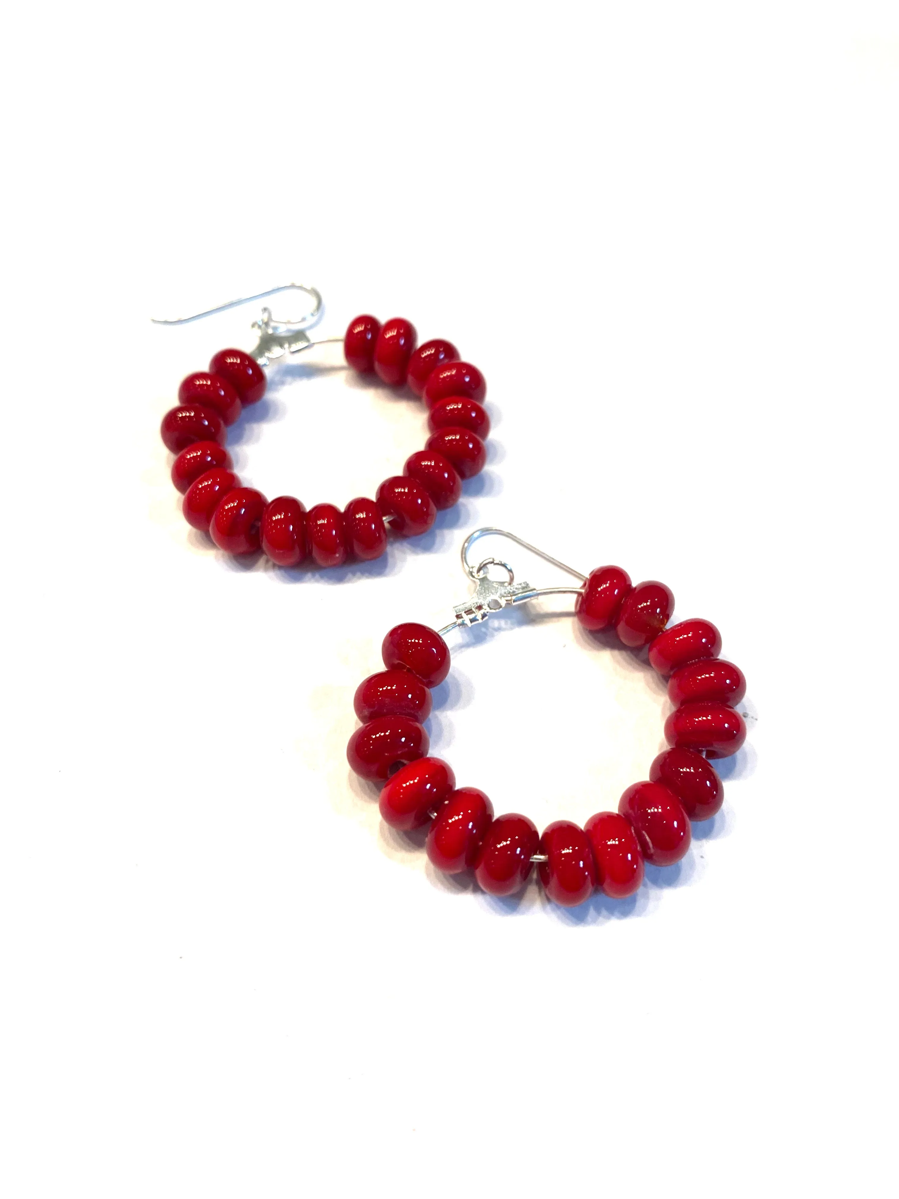 Red Glass Beaded Drop Hoop Earrings