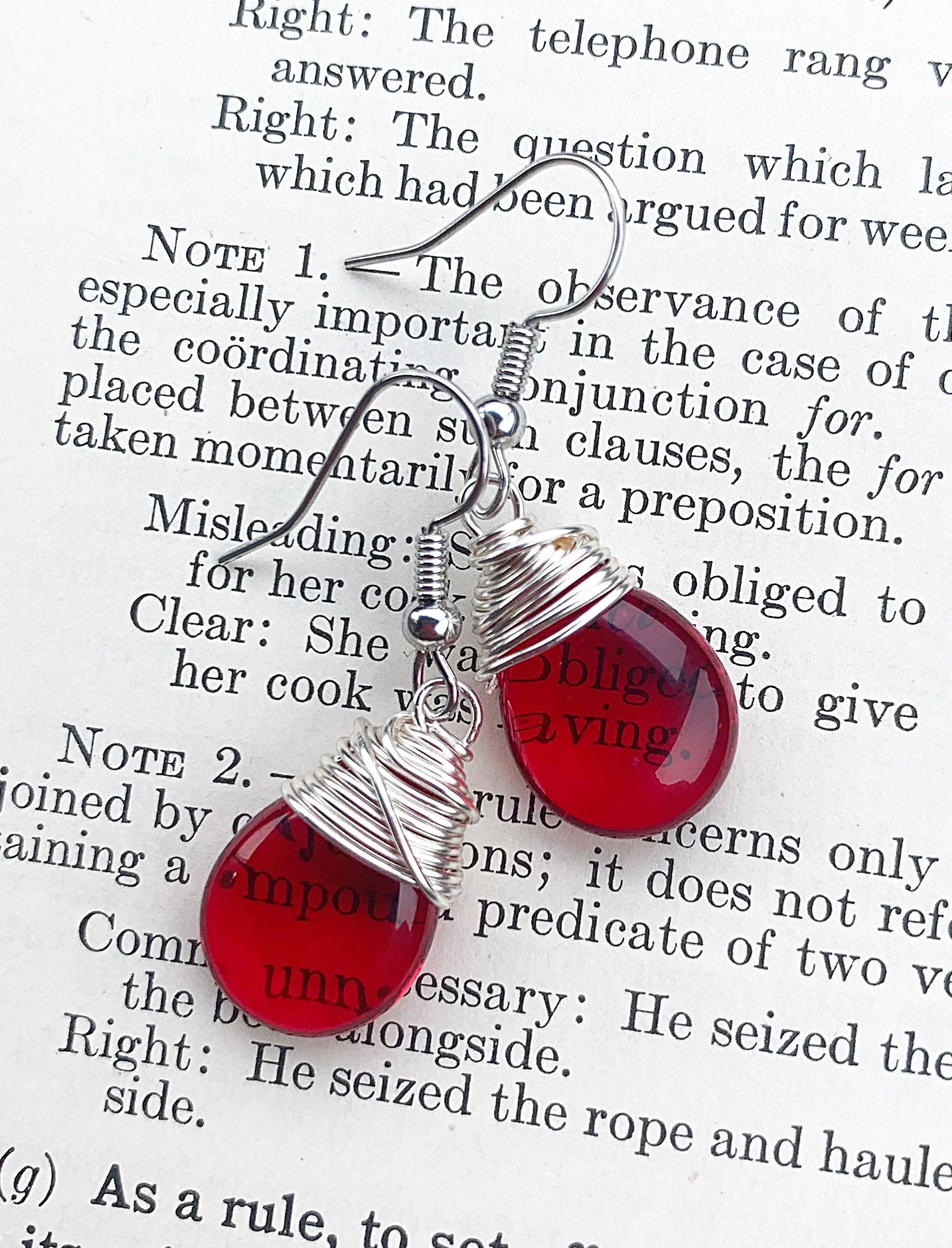 Red transparent teardrop Czech glass and silver wire wrapped, sterling silver earrings.