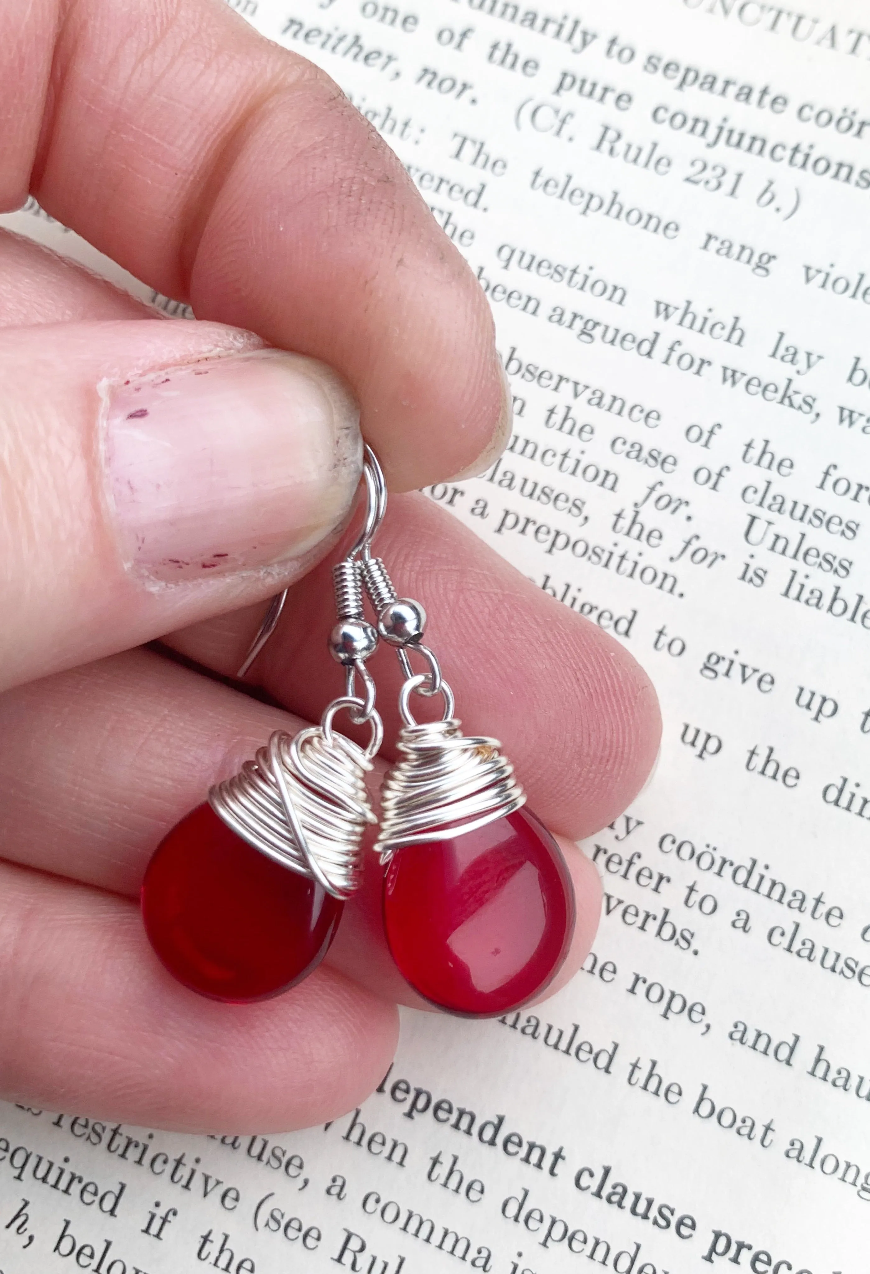 Red transparent teardrop Czech glass and silver wire wrapped, sterling silver earrings.