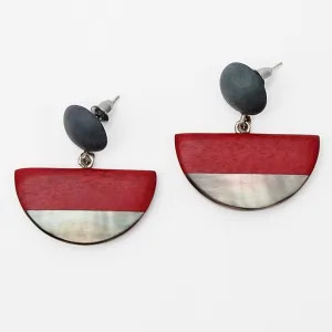 Red Wood and Shell Half Moon Earrings