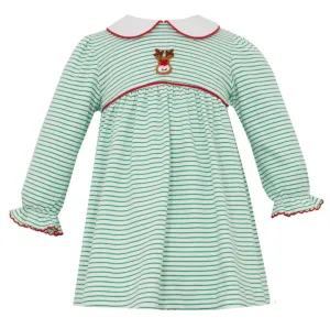 Reindeer Face Knit Dress- Green Stripe