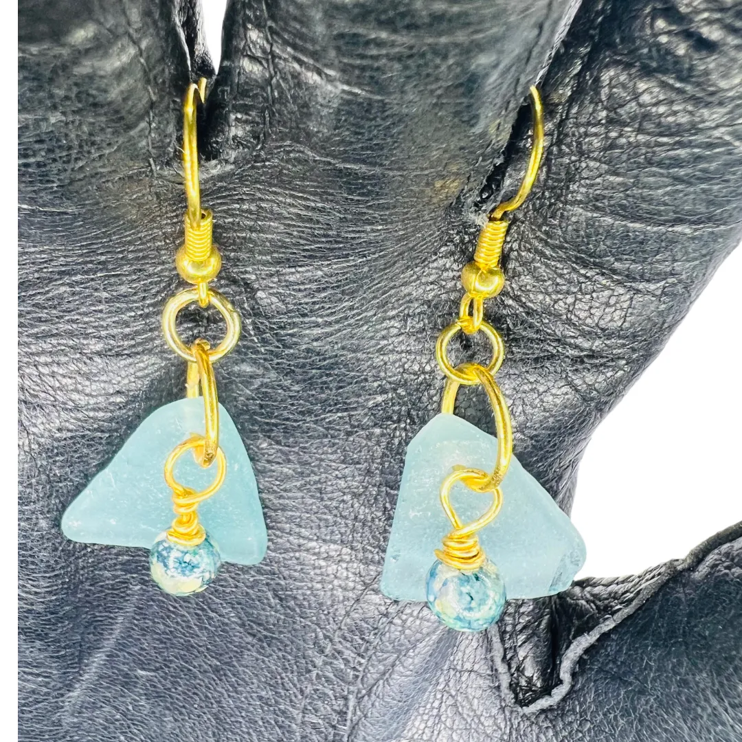 Sea Glass & Tourmaline Artisan Earrings Wire-Wrapped In Gold Tone