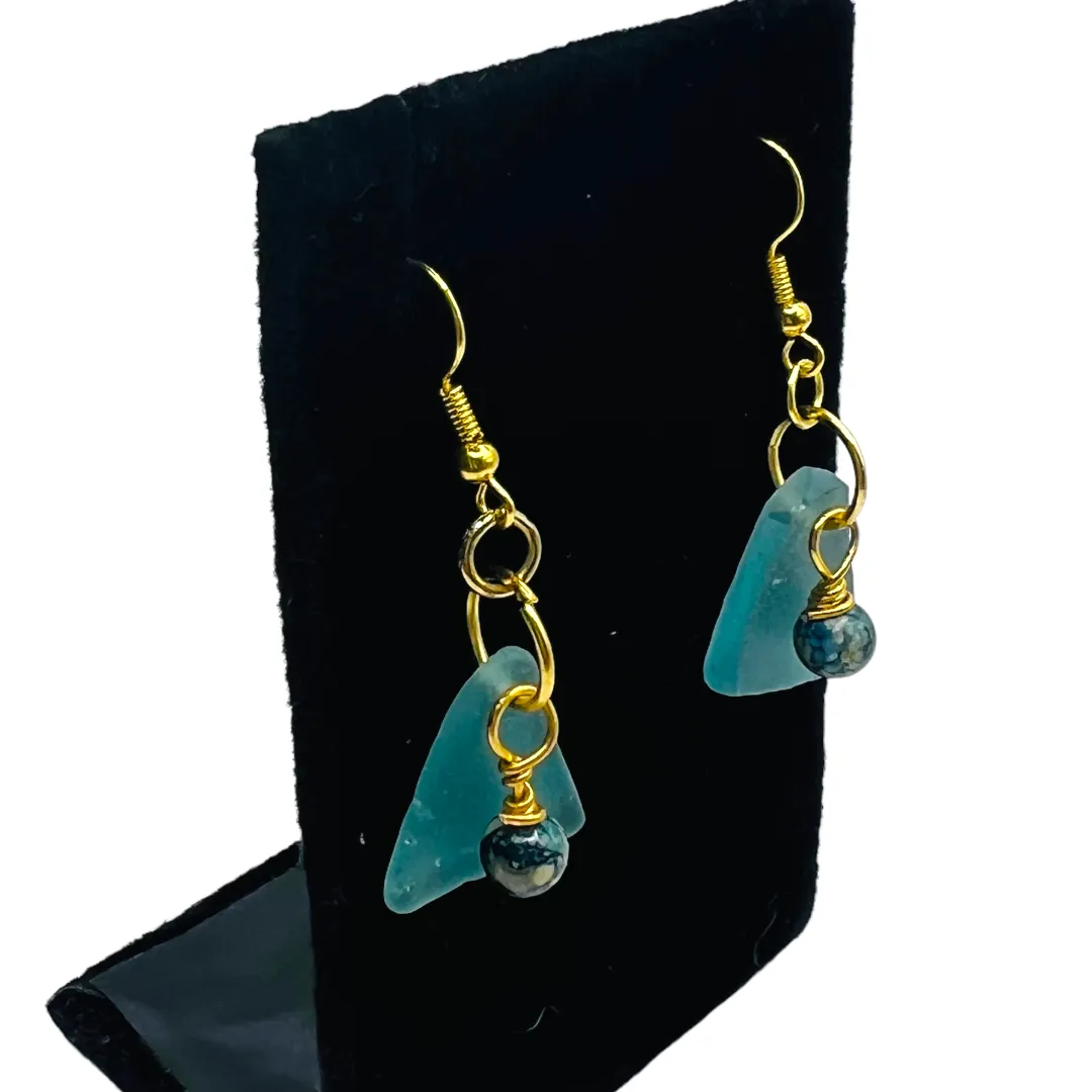 Sea Glass & Tourmaline Artisan Earrings Wire-Wrapped In Gold Tone