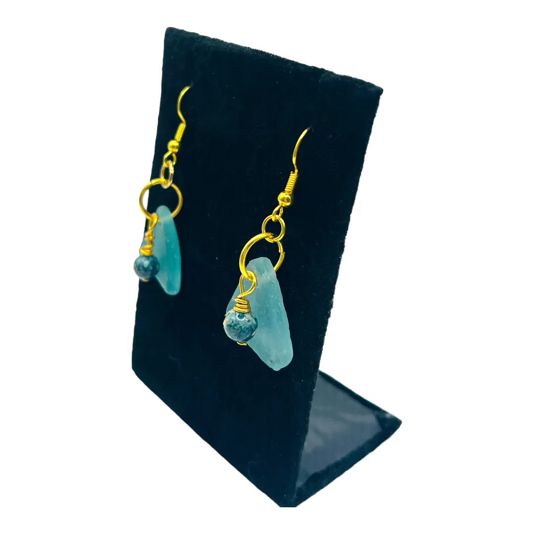 Sea Glass & Tourmaline Artisan Earrings Wire-Wrapped In Gold Tone