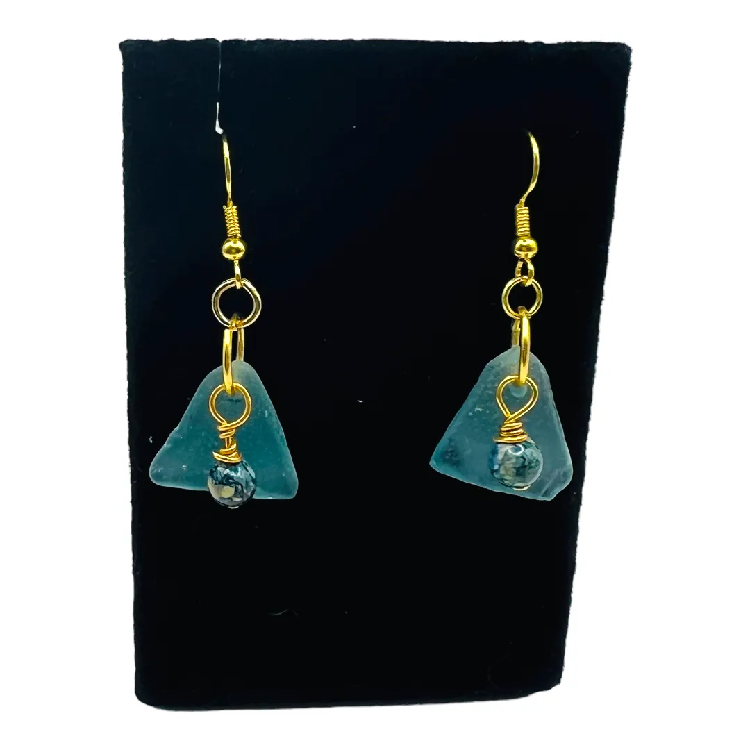 Sea Glass & Tourmaline Artisan Earrings Wire-Wrapped In Gold Tone