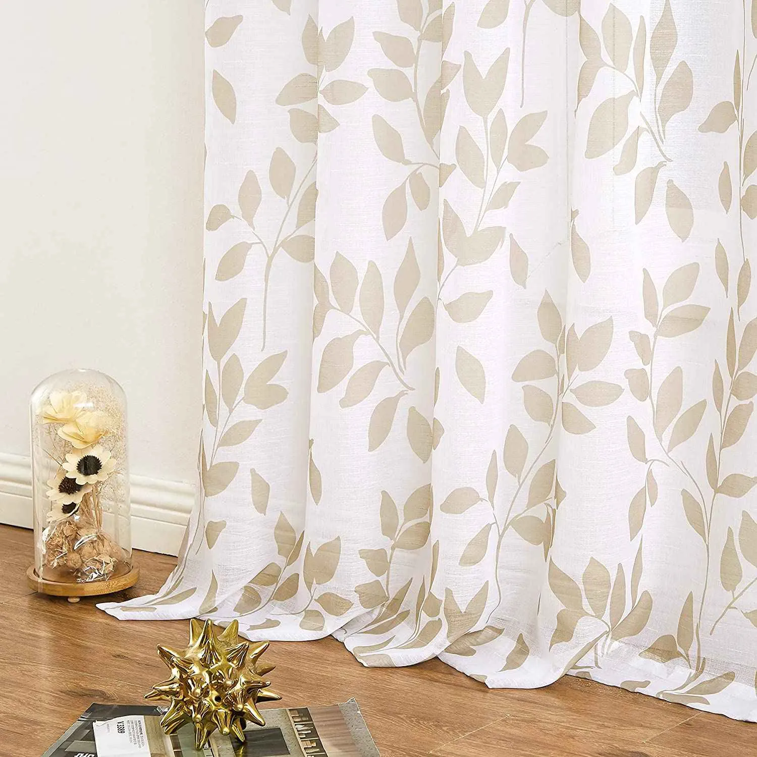 Sheer Curtains, Semi Transparent Curtains, Linen Textured Curtains for Living room, Pack of 2 Curtains, Petals