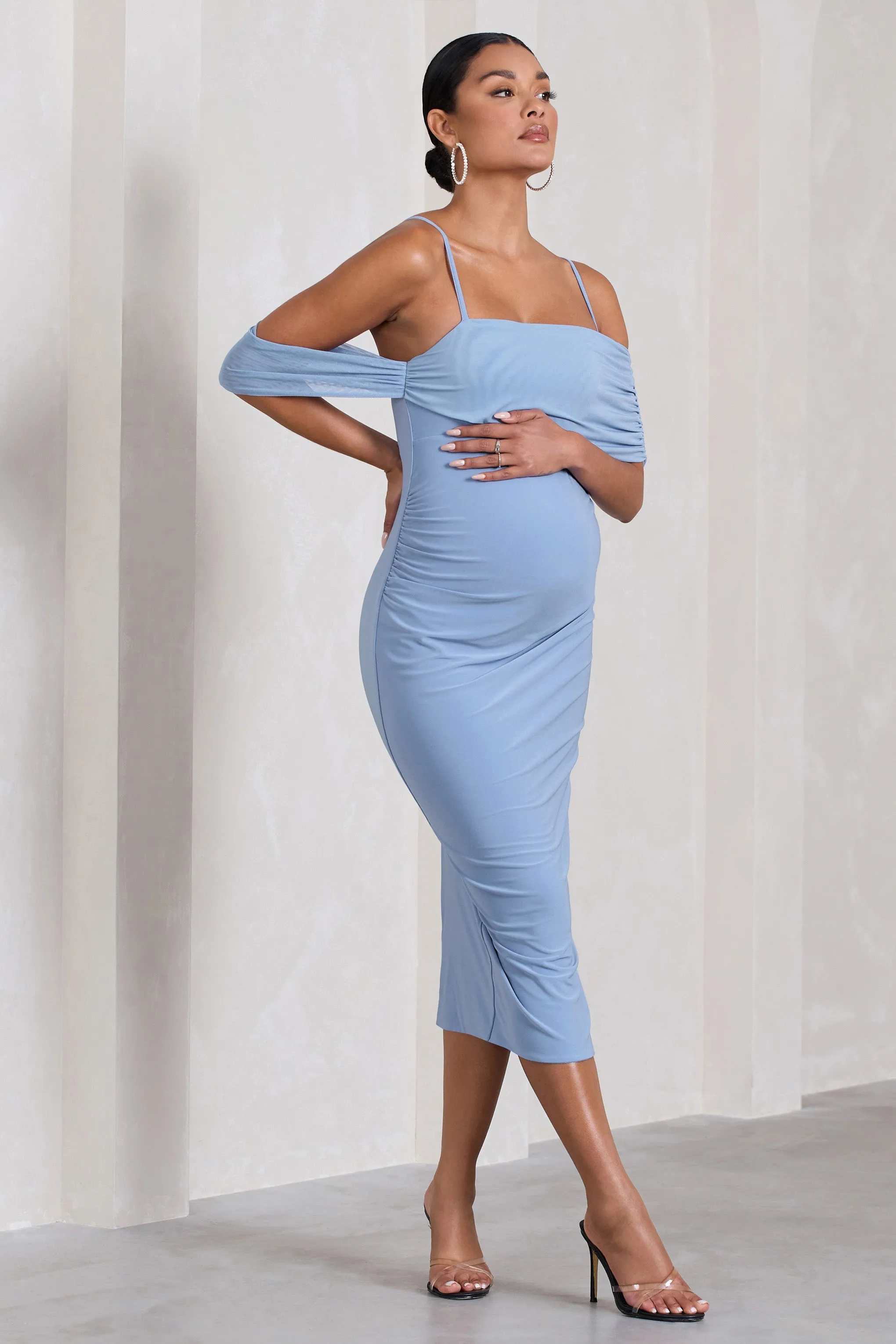 Shelby | Powder Blue Mesh Bardot Strappy Maternity Midi Dress