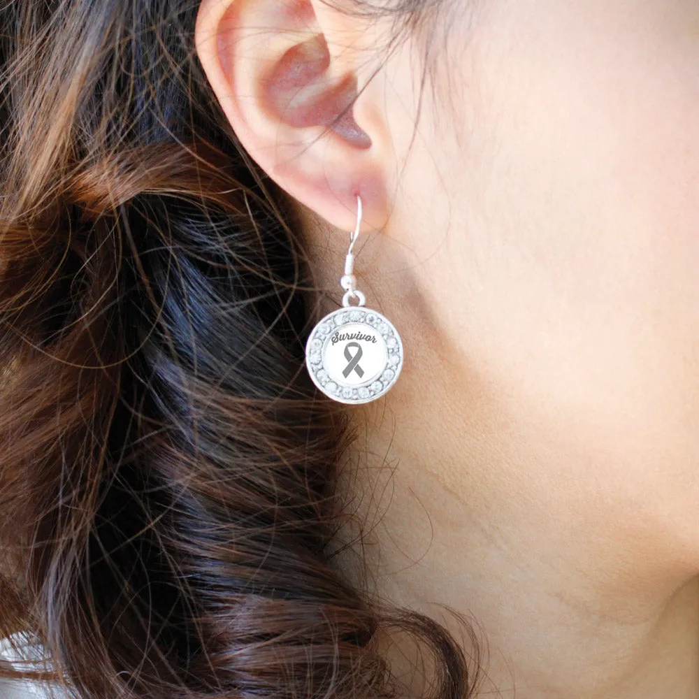 Silver Gray Ribbon Survivor Circle Charm Dangle Earrings