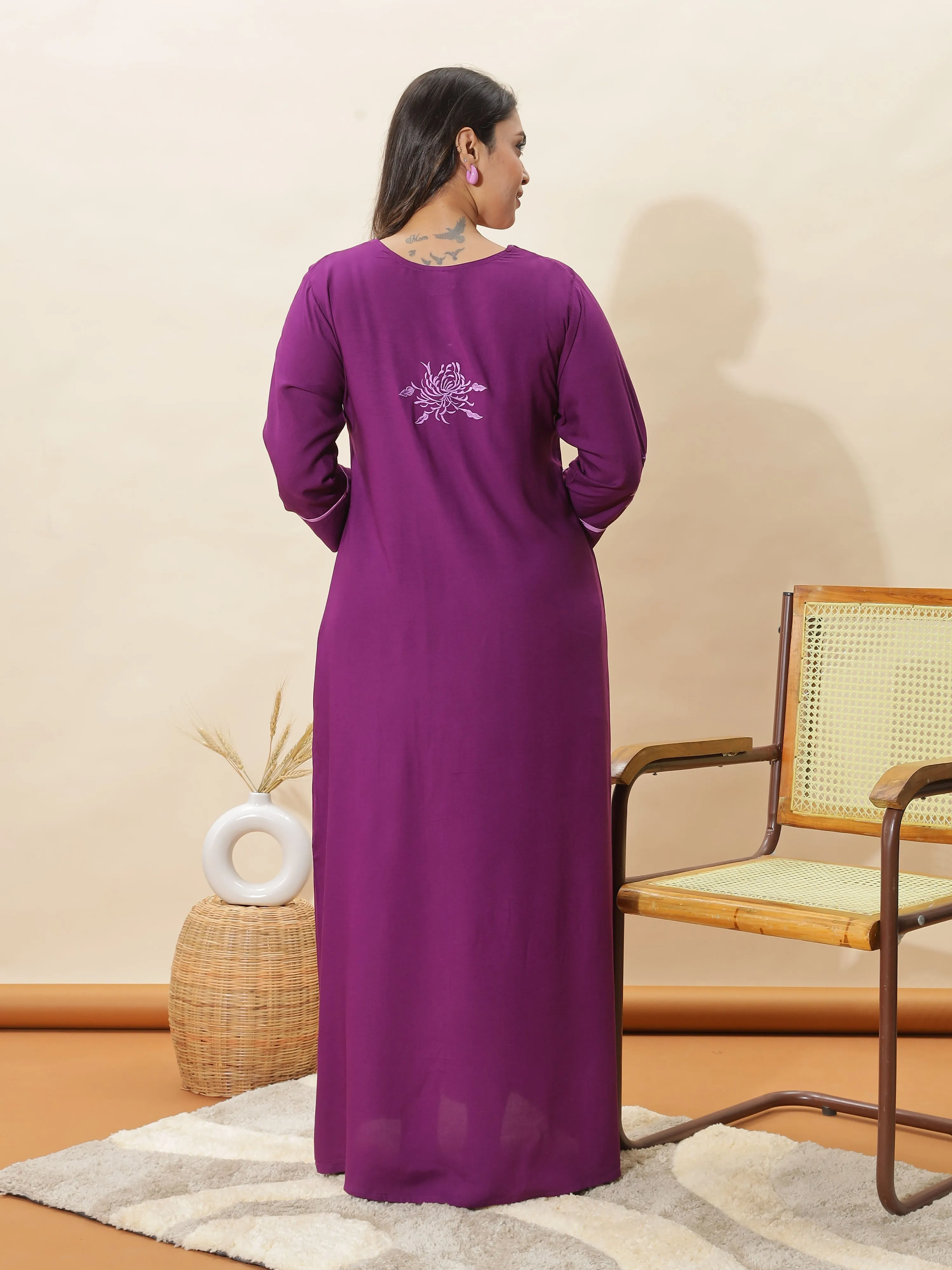 Stylish Purple Topaz Embroidered Rayon Nighty